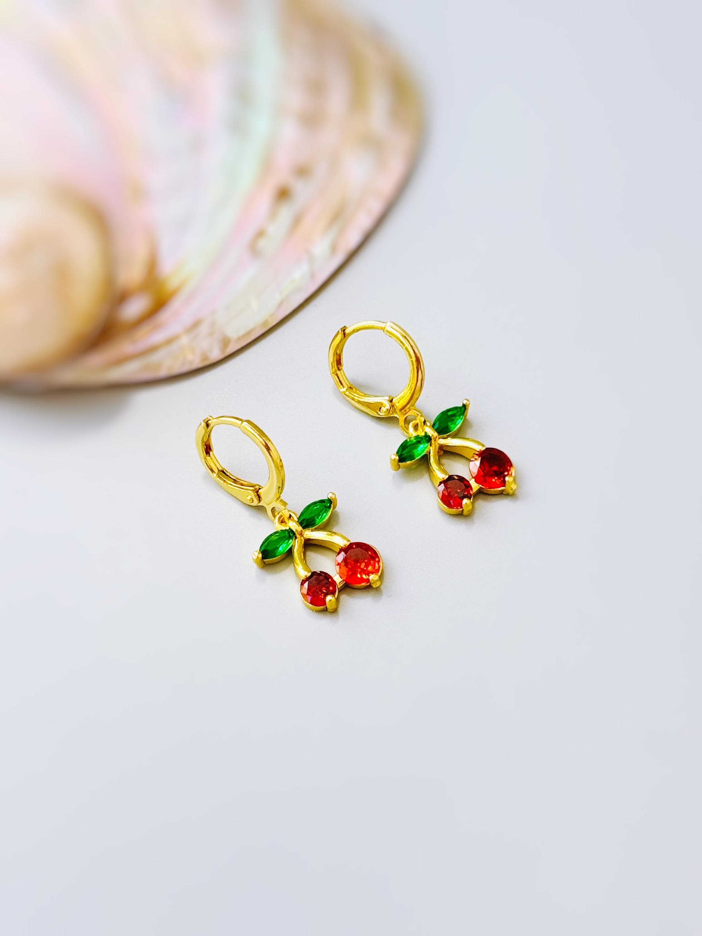 Cherry Earrings Silver, Gold Huggie Hoops Red Fruit Charm Earrings, Cottagecore Jewelry Chef Gift, Cute Summer Earrings gift for gardeners
