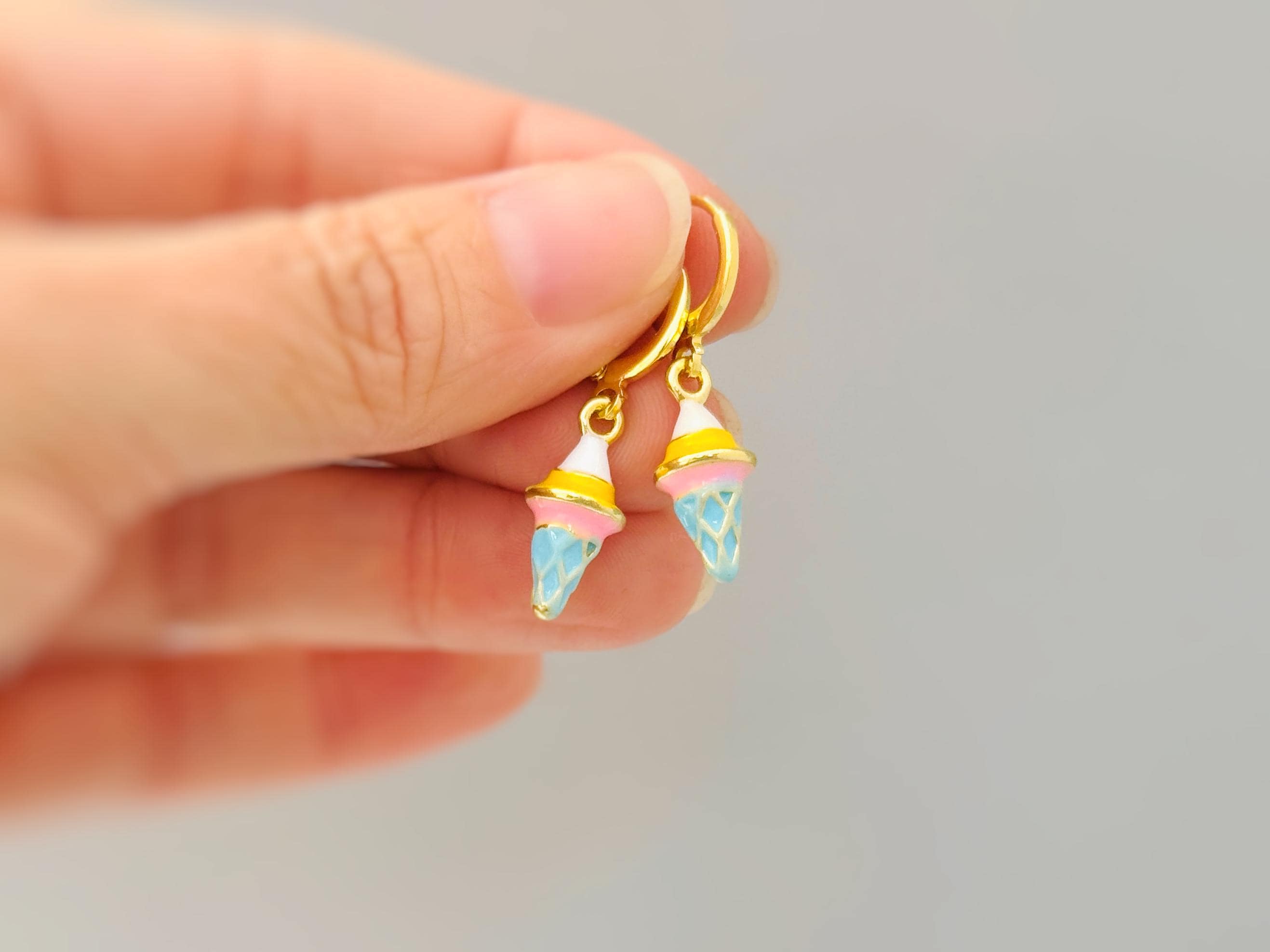 Pastel Ice Cream Earrings gold Huggie Hoops, cute summer jewelry gift for her unique fun miniature food jewelry for her cutecore candycore