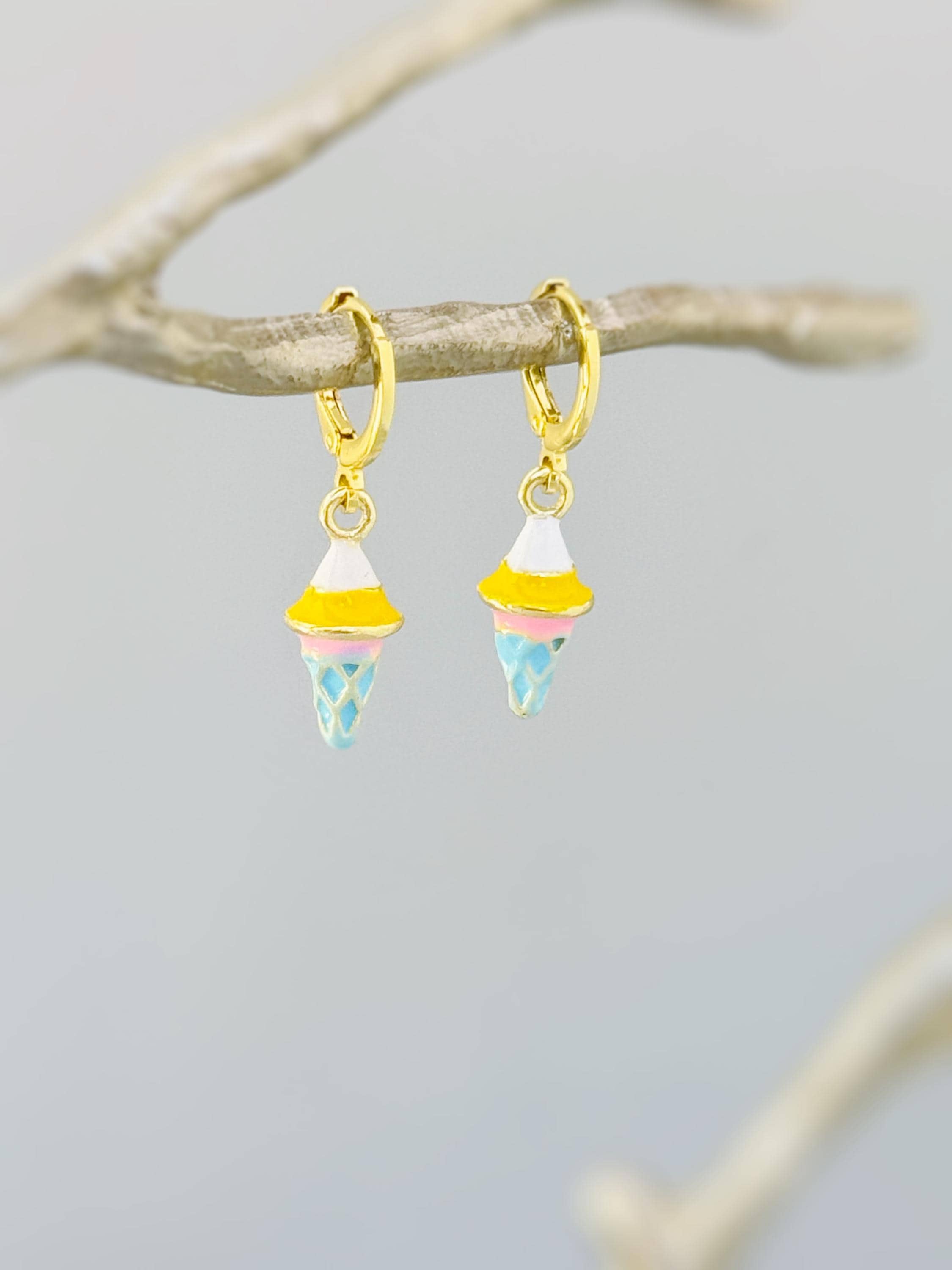 Pastel Ice Cream Earrings gold Huggie Hoops, cute summer jewelry gift for her unique fun miniature food jewelry for her cutecore candycore