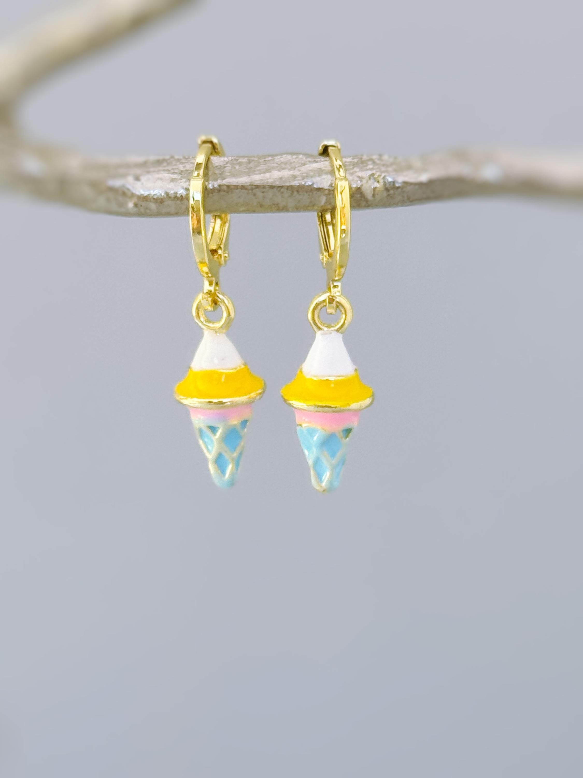Pastel Ice Cream Earrings gold Huggie Hoops, cute summer jewelry gift for her unique fun miniature food jewelry for her cutecore candycore