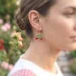 Strawberry Earrings Gold Leverbacks Red Charm Earrings, Cottagecore Jewelry Fruit Chef Gift, Cute Summer Earrings gift for gardener, mom bff