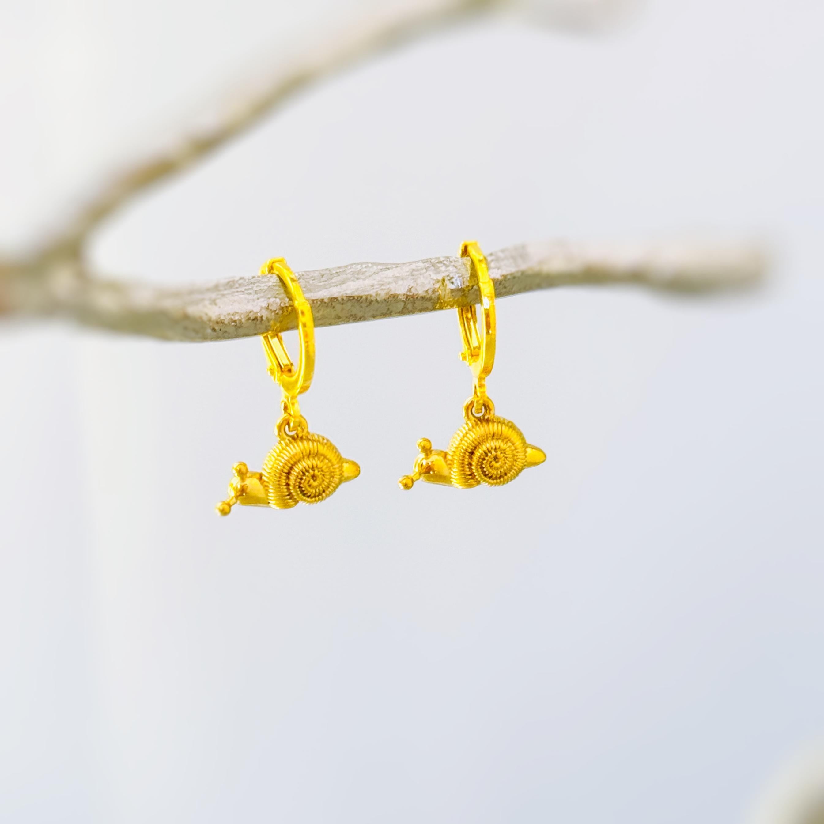 Snail Earrings Gold Huggie Hoops handmade nature lover fairy, cottagecore woodland creature jewelry unique whimsical fun gift for gardener