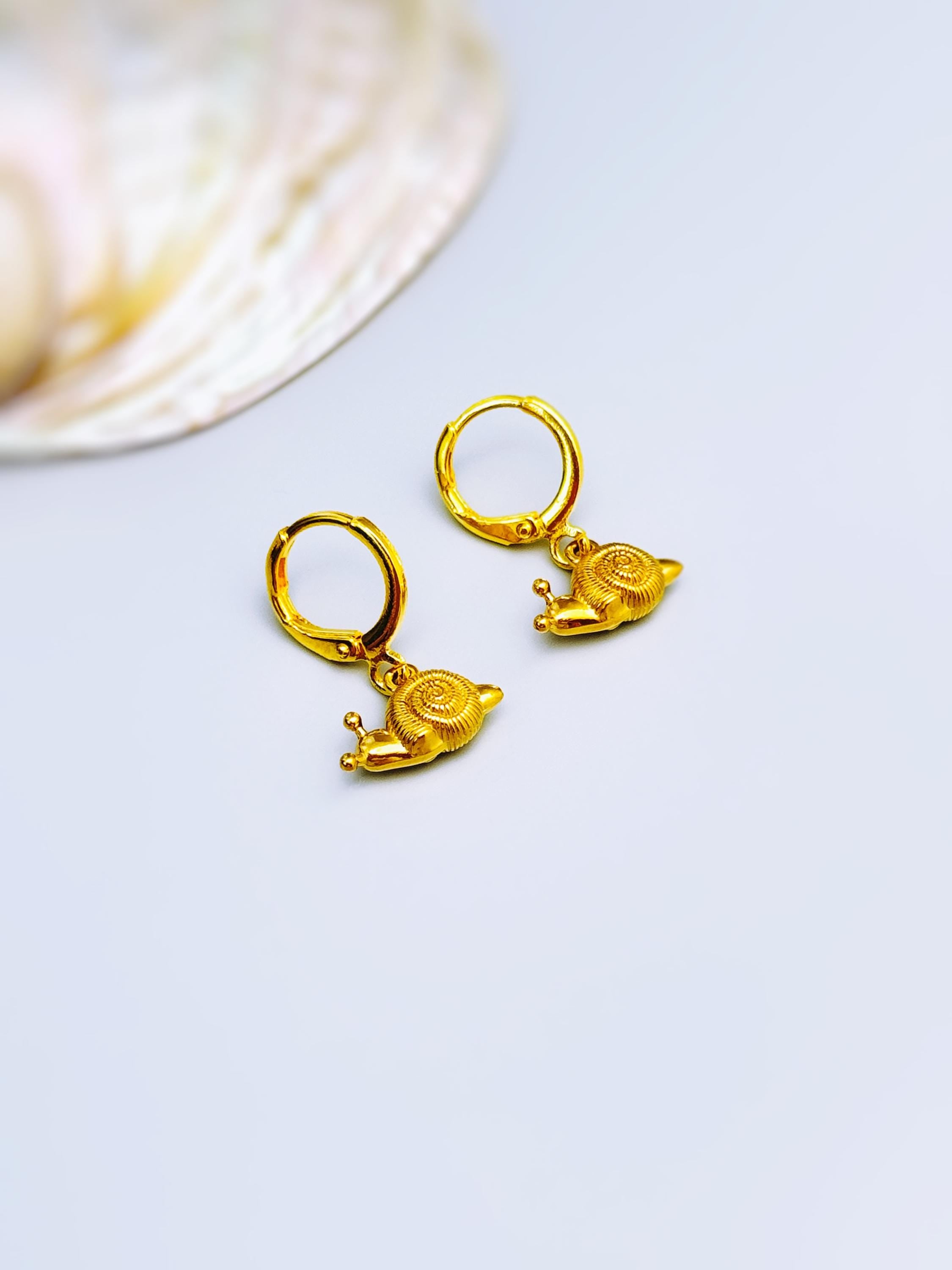 Snail Earrings Gold Huggie Hoops handmade nature lover fairy, cottagecore woodland creature jewelry unique whimsical fun gift for gardener