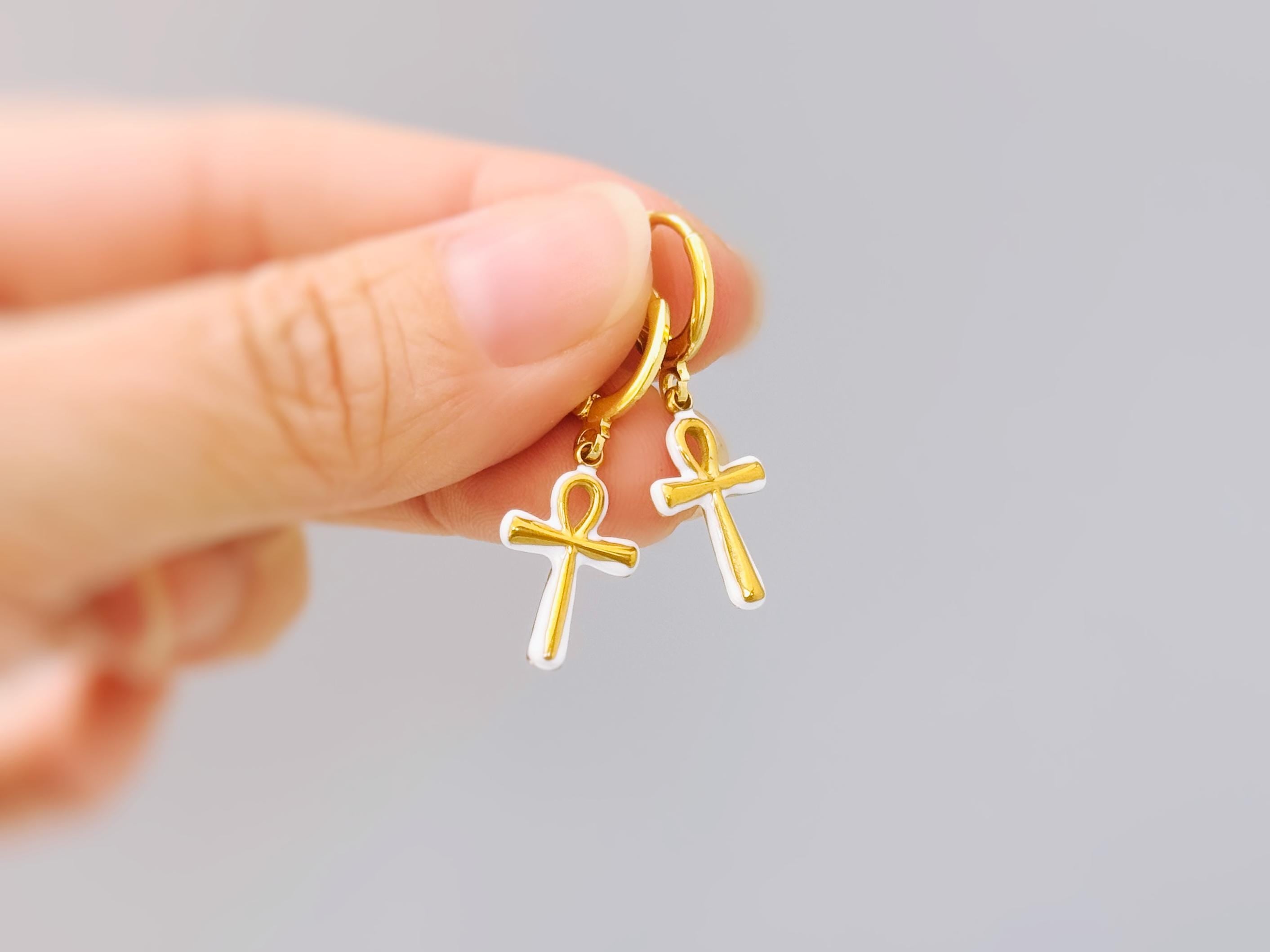 Ankh Earrings Gold Huggie Hoops Egyptian Jewelry witchy earrings ancient symbol handmade religious Ankh cross gift for women