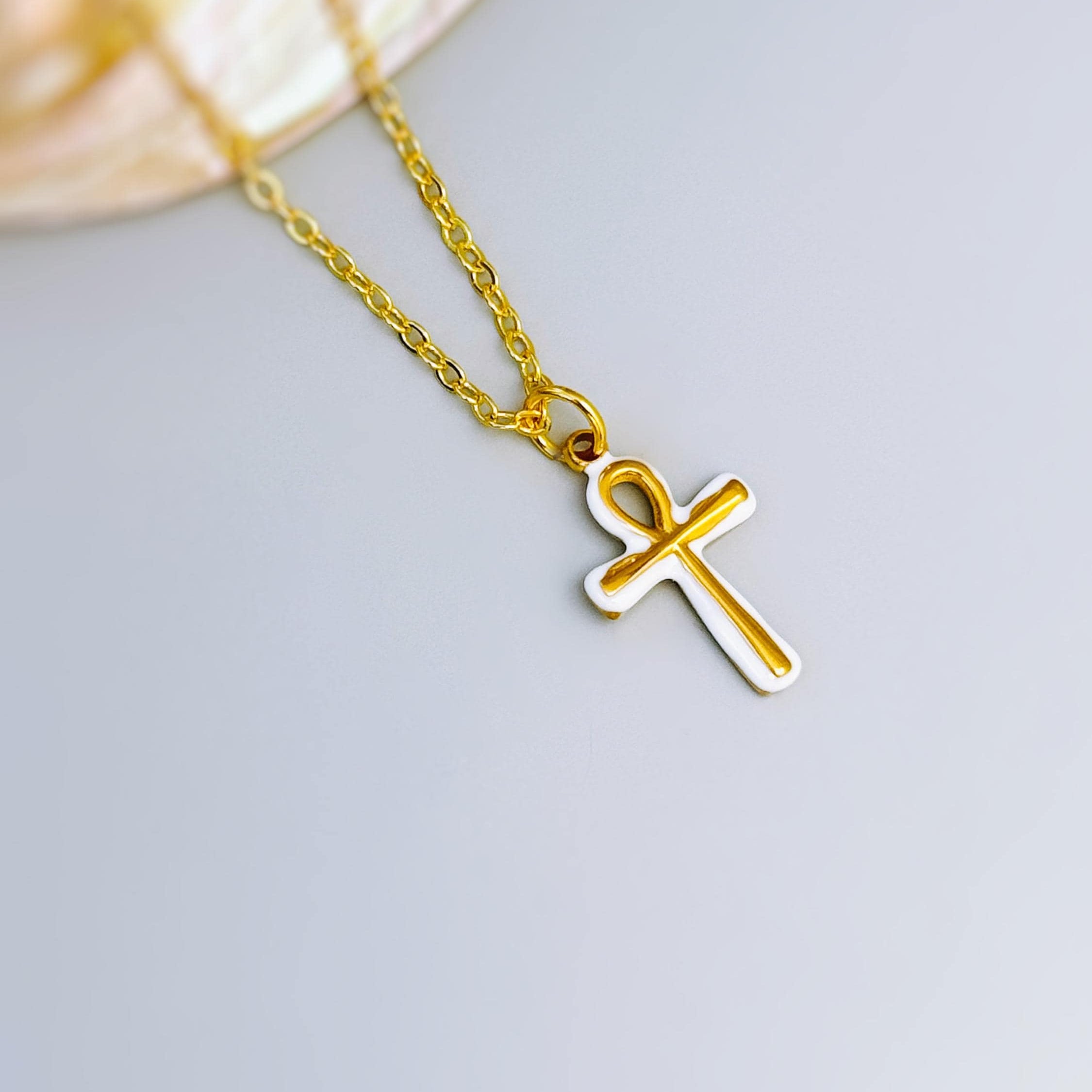 Gold Ankh Necklace, Egyptian Cross Pendant, White Enamel Ankh Charm Necklace, Spiritual Jewelry, Ancient Egyptian Jewelry gift for her