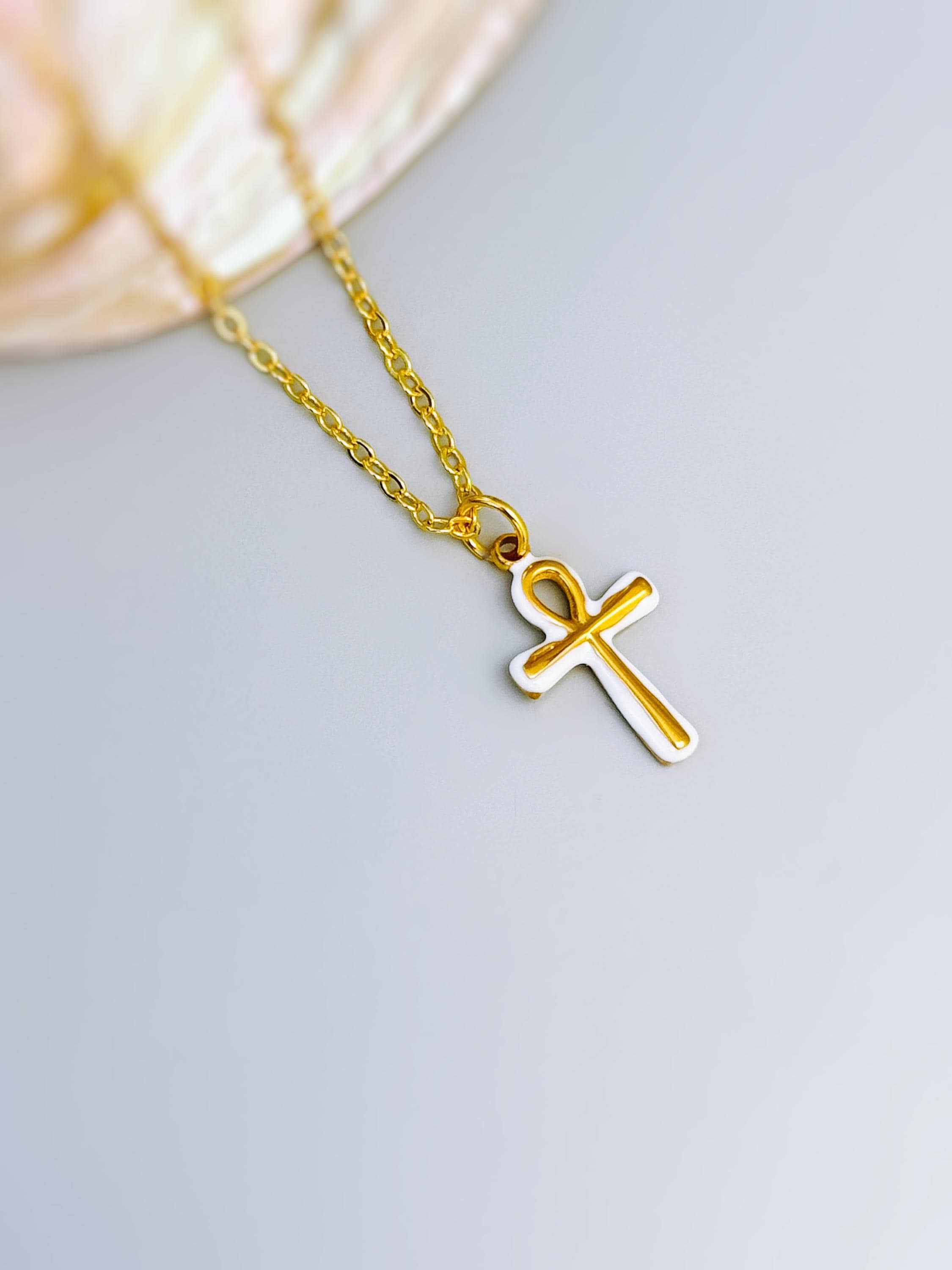 Gold Ankh Necklace, Egyptian Cross Pendant, White Enamel Ankh Charm Necklace, Spiritual Jewelry, Ancient Egyptian Jewelry gift for her