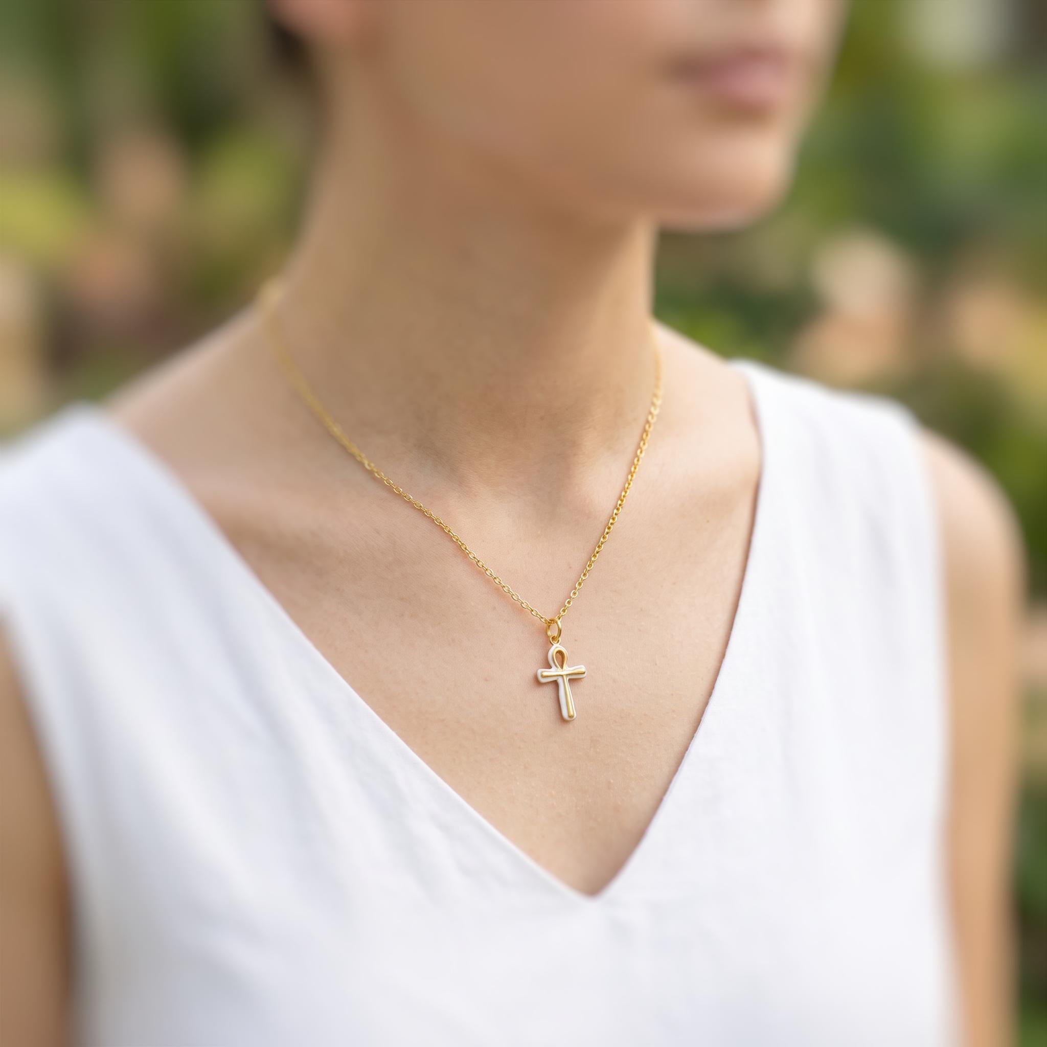 Gold Ankh Necklace, Egyptian Cross Pendant, White Enamel Ankh Charm Necklace, Spiritual Jewelry, Ancient Egyptian Jewelry gift for her