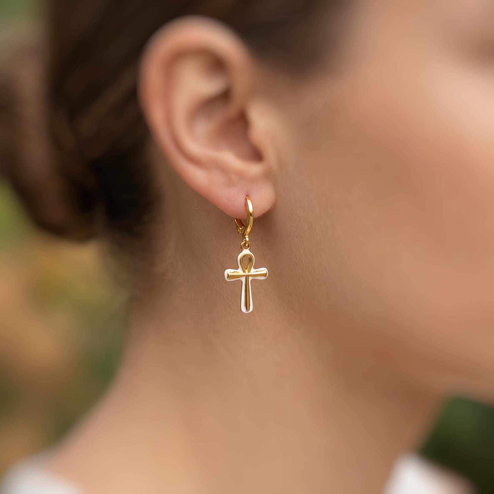 Gold Ankh Necklace, Egyptian Cross Pendant, White Enamel Ankh Charm Necklace, Spiritual Jewelry, Ancient Egyptian Jewelry gift for her