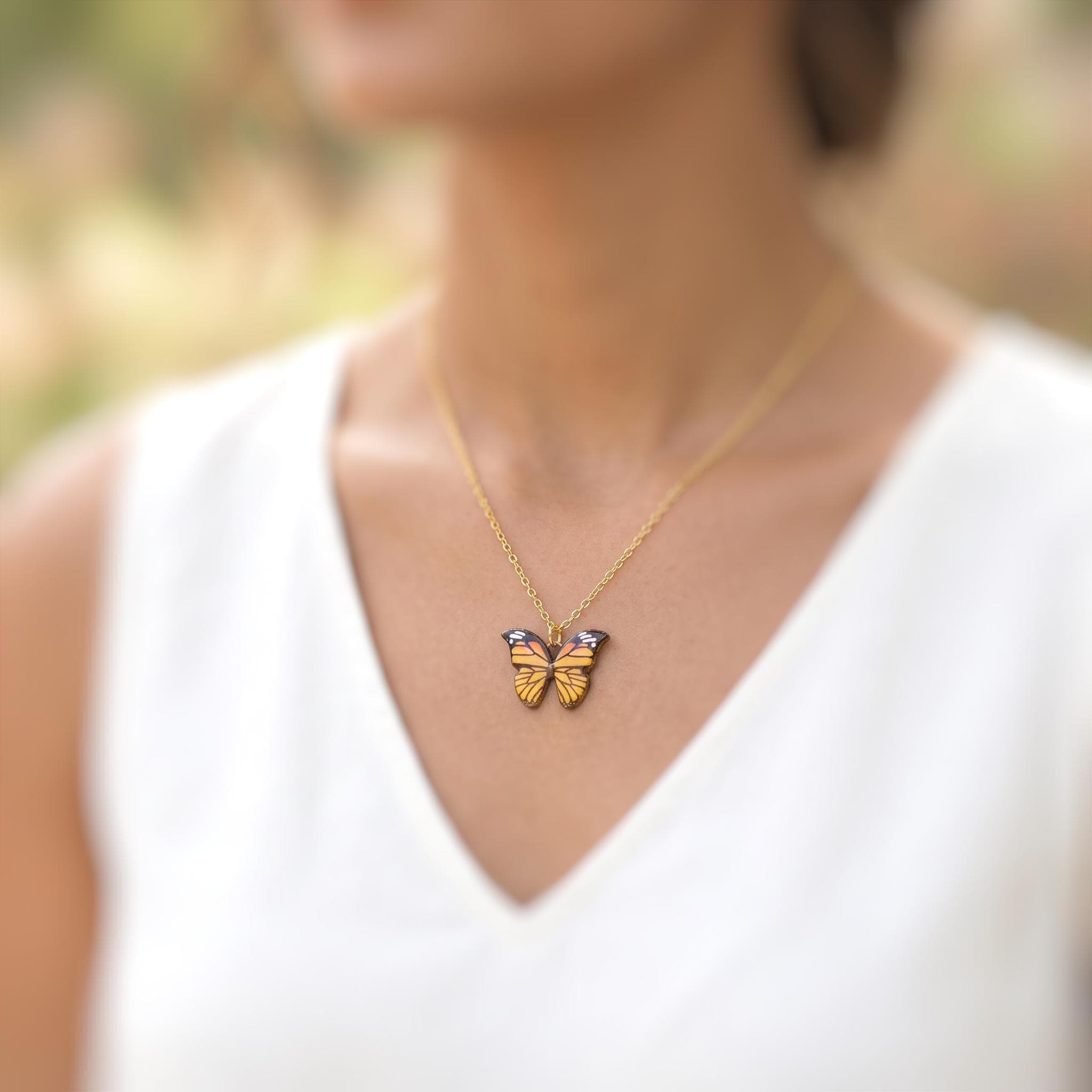 Monarch Butterfly Necklace Gold handmade nature inspired jewelry for her gift for gardeners, mom, sister orange cottagecore charm necklace