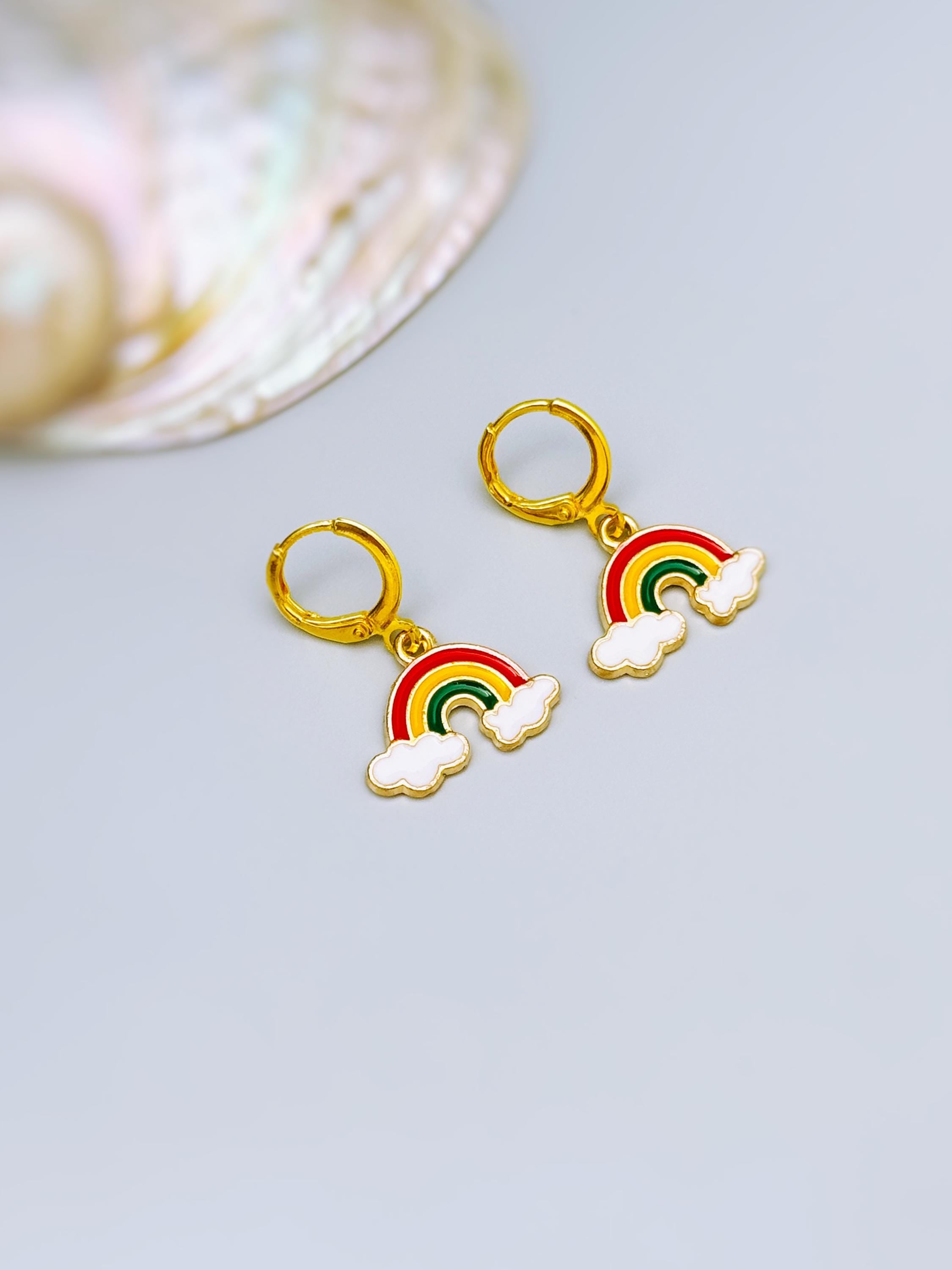 Colorful Rainbow Earrings gold Huggie Hoops trendy 80s fun enamel cloud earrings for women pride gift unique festival jewelry for women