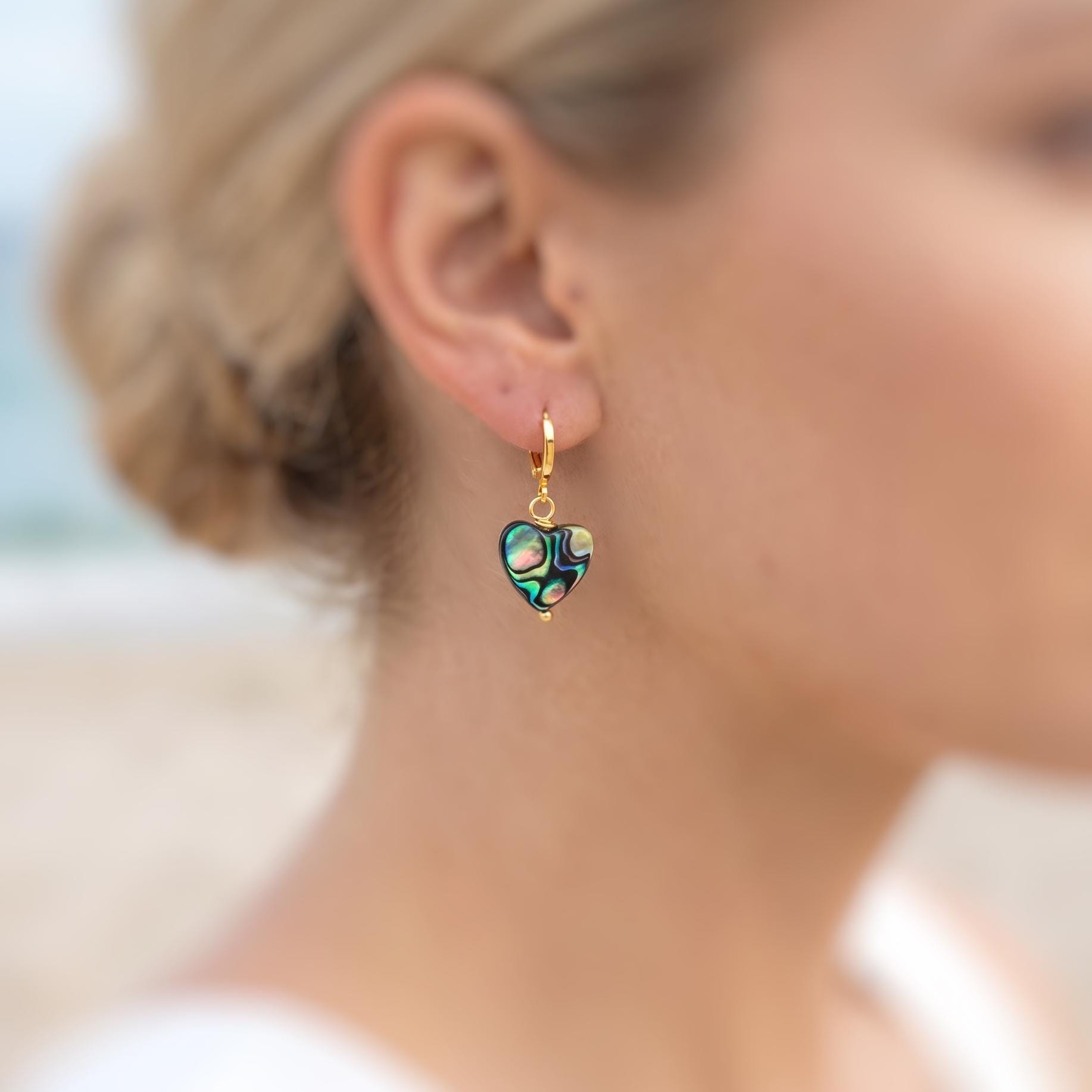 Abalone Heart Earrings Huggie Hoops Gold, Silver, Rose Gold