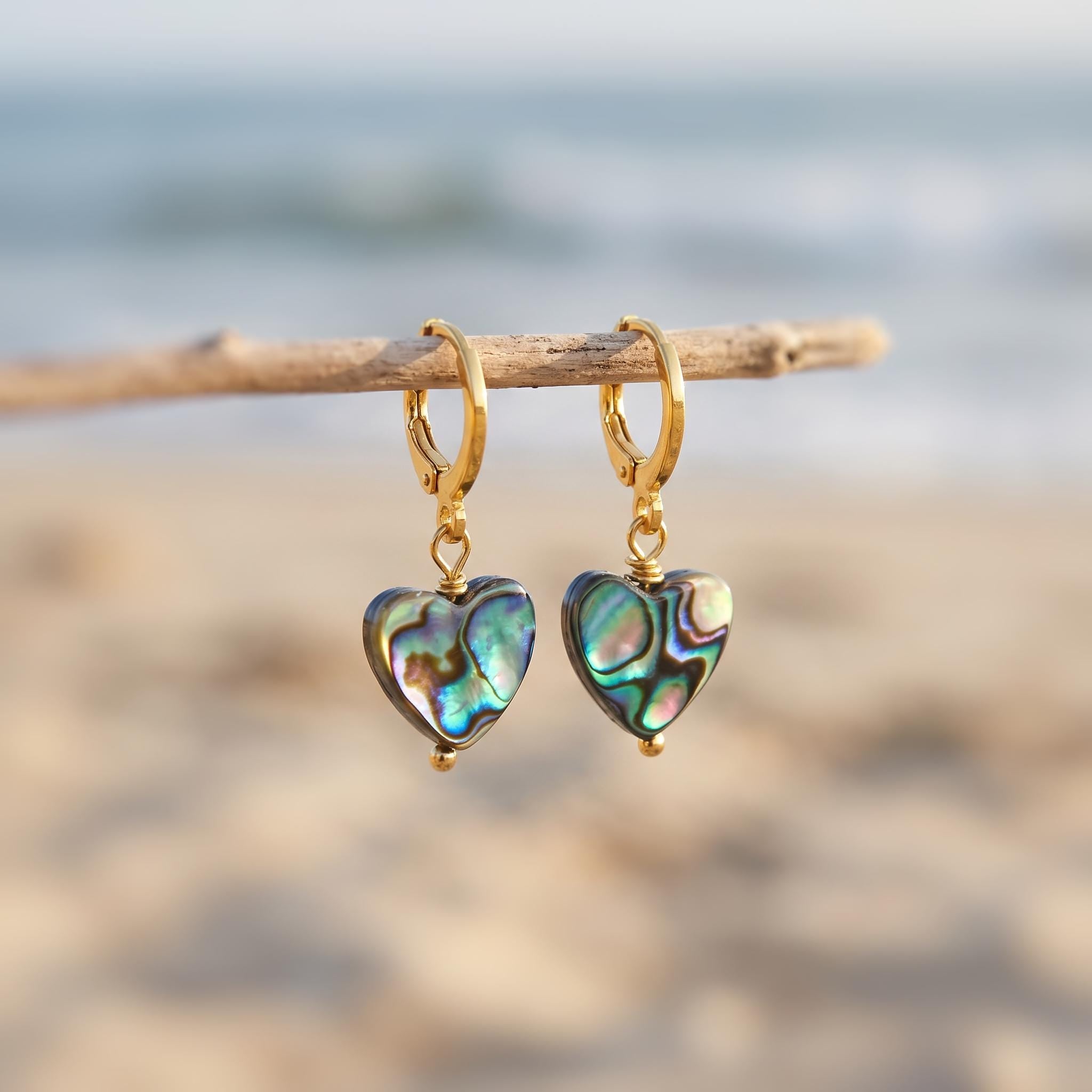 Abalone Heart Earrings Huggie Hoops Gold, Silver, Rose Gold