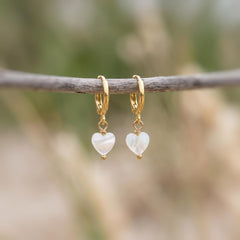 Dainty Gold Mother of Pearl Heart Earrings Huggie Hoops Dangle charms Silver, Rose Gold romantic June Birthstone birthday gift wife mom bff