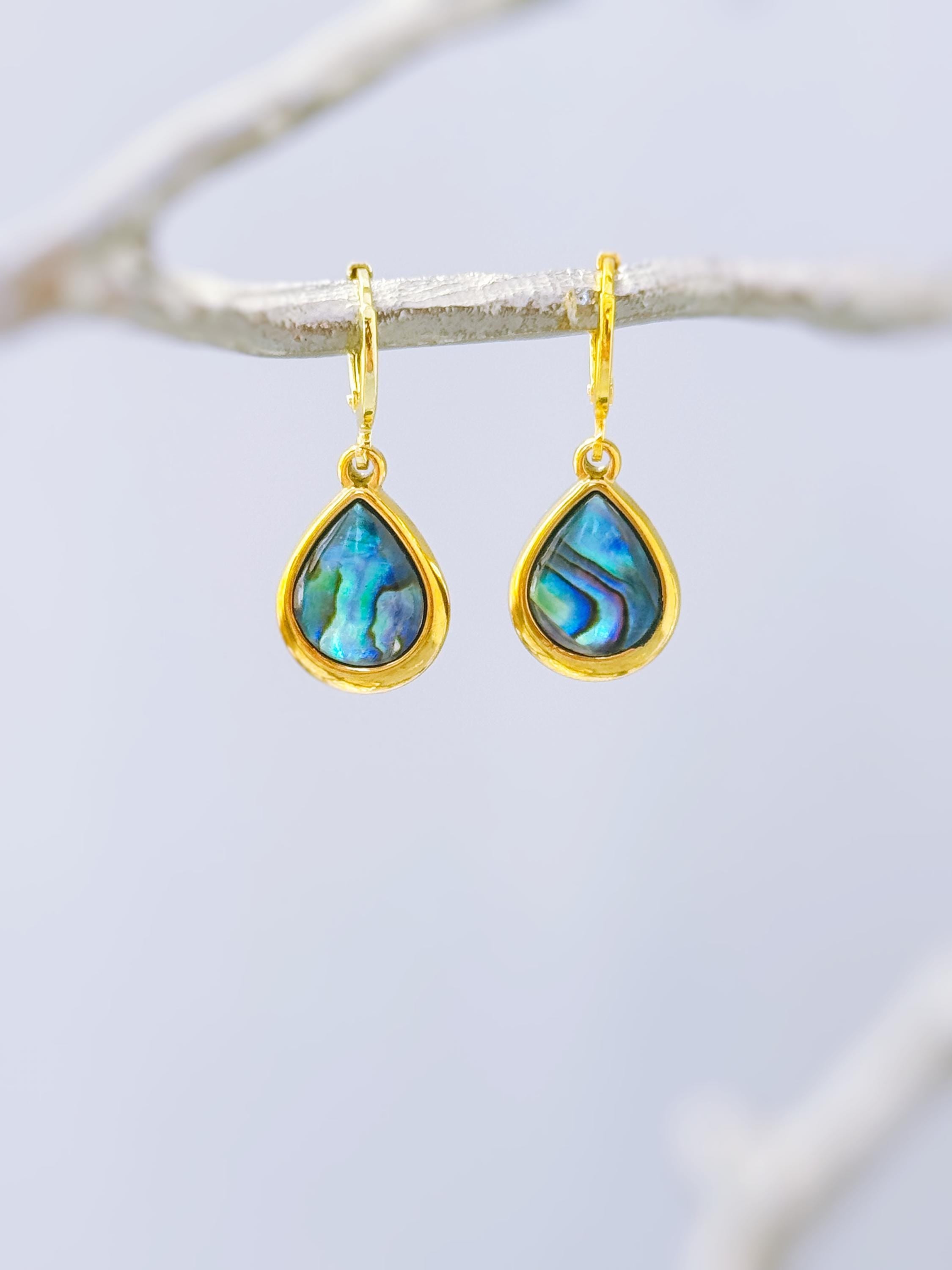 Teardrop Abalone Earrings Gold Huggie Hoops dangle handmade shell earrings, colorful summer jewelry, ocean beach wedding gift for her