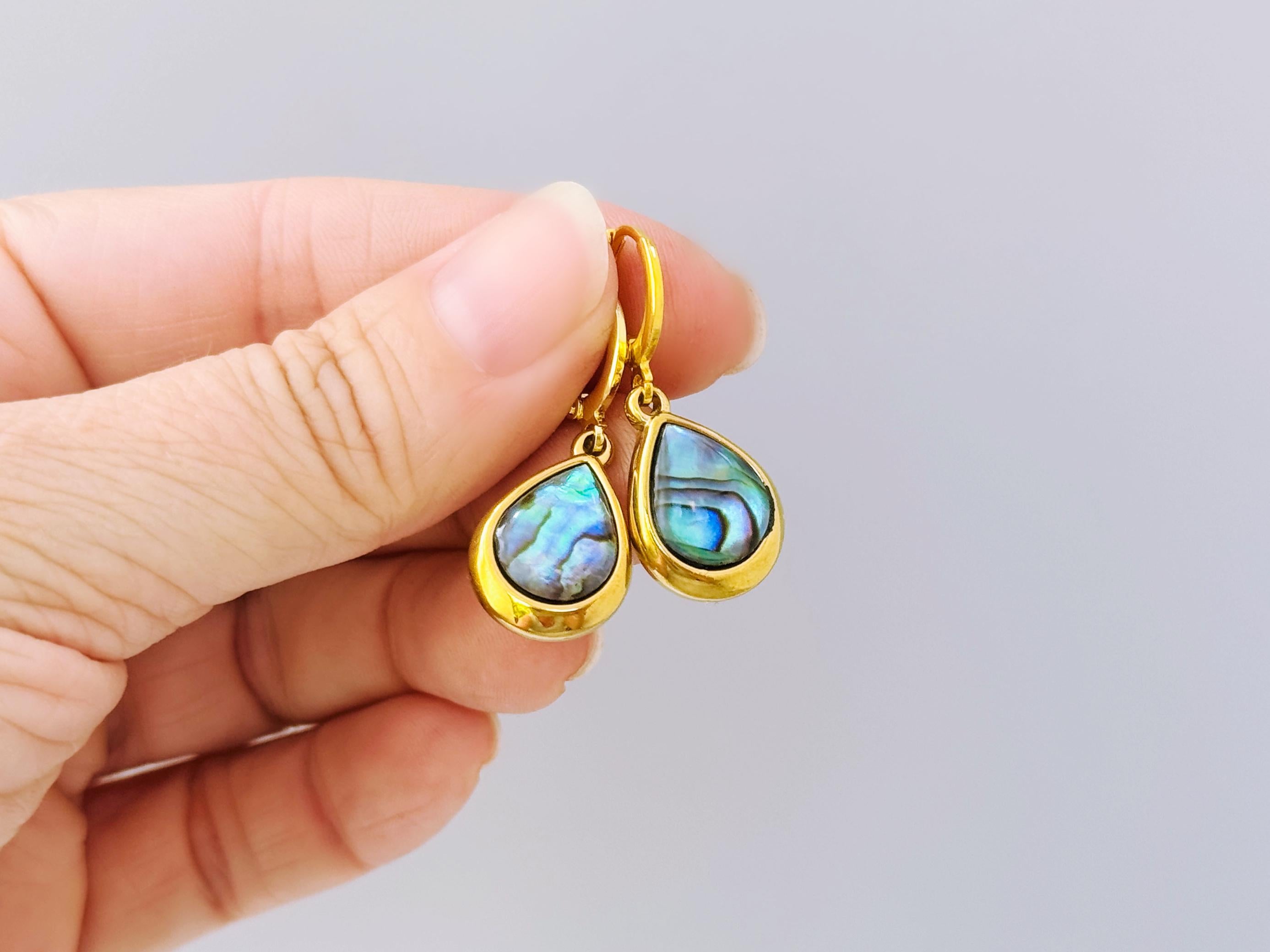 Teardrop Abalone Earrings Gold Huggie Hoops dangle handmade shell earrings, colorful summer jewelry, ocean beach wedding gift for her