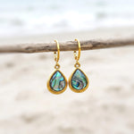 Teardrop Abalone Earrings Gold Huggie Hoops dangle handmade shell earrings, colorful summer jewelry, ocean beach wedding gift for her