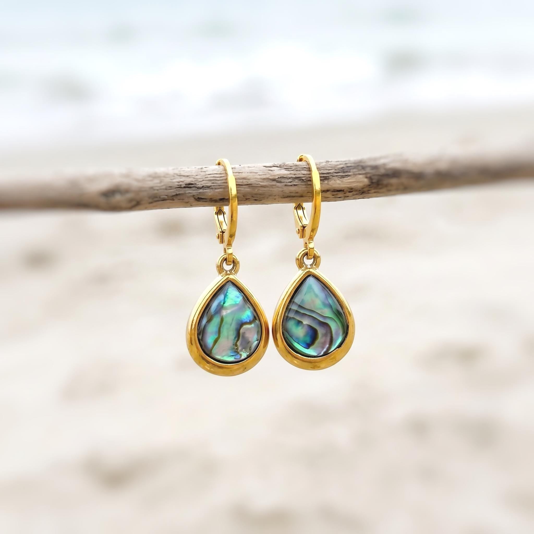 Teardrop Abalone Earrings Gold Huggie Hoops dangle handmade shell earrings, colorful summer jewelry, ocean beach wedding gift for her