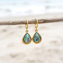 Teardrop Abalone Earrings Gold Huggie Hoops dangle handmade shell earrings, colorful summer jewelry, ocean beach wedding gift for her