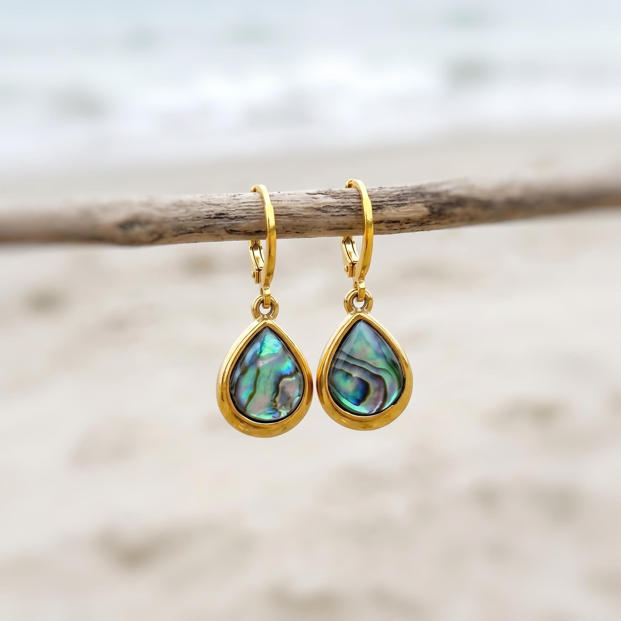 Teardrop Abalone Earrings Gold Huggie Hoops dangle handmade shell earrings, colorful summer jewelry, ocean beach wedding gift for her