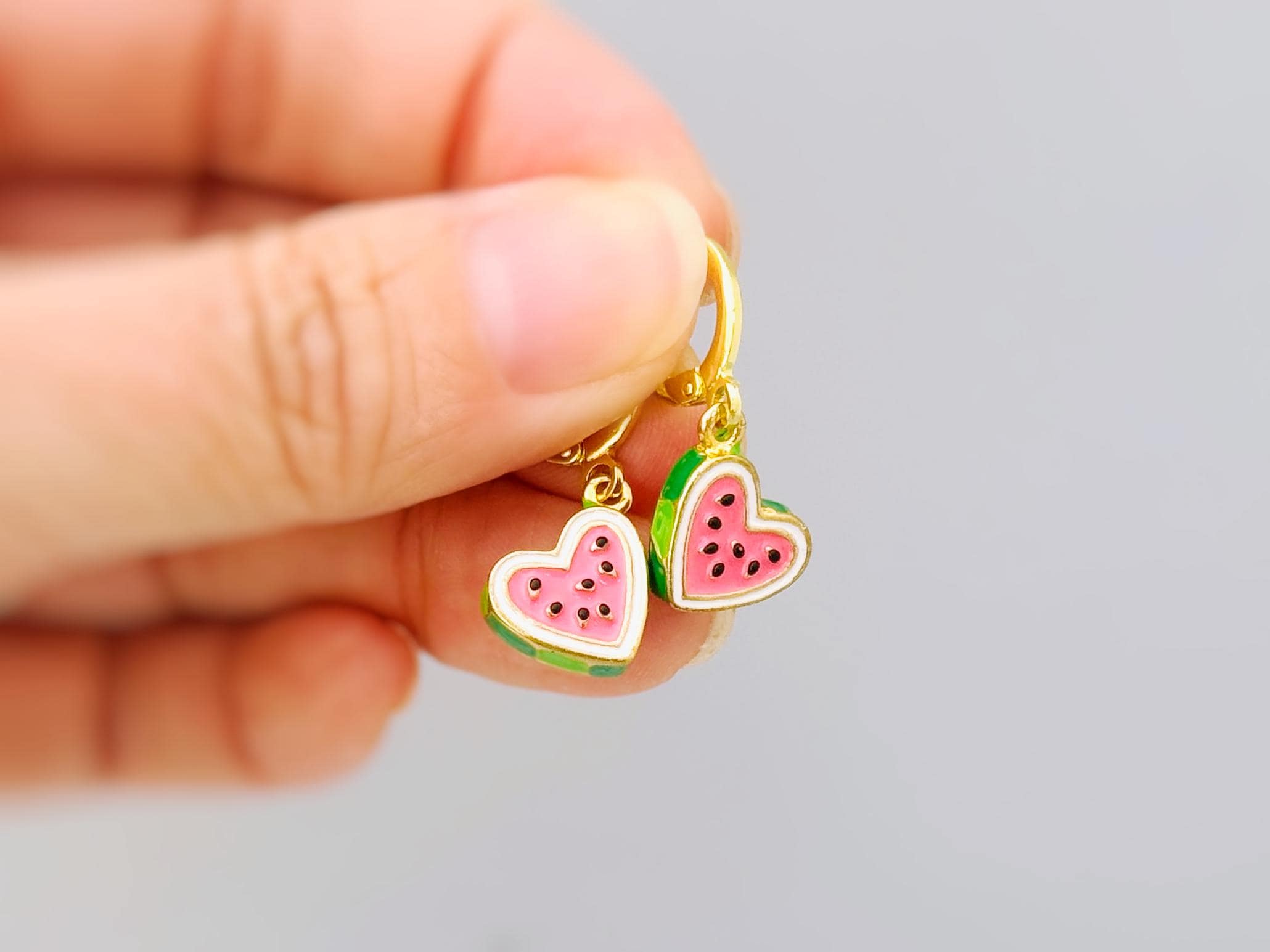 Watermelon Earrings Gold Huggie Hoops Cute Summer Jewelry Pink Heart Fruit Charm Earrings Cottagecore Jewelry Chef Gift for gardeners, women