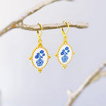 Delft Blue Porcelain Earrings Gold Leverbacks Chinoiserie China Victorian floral jewelry for women grandmillennial style