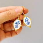 Delft Blue Porcelain Earrings Gold Leverbacks Chinoiserie China Victorian floral jewelry for women grandmillennial style