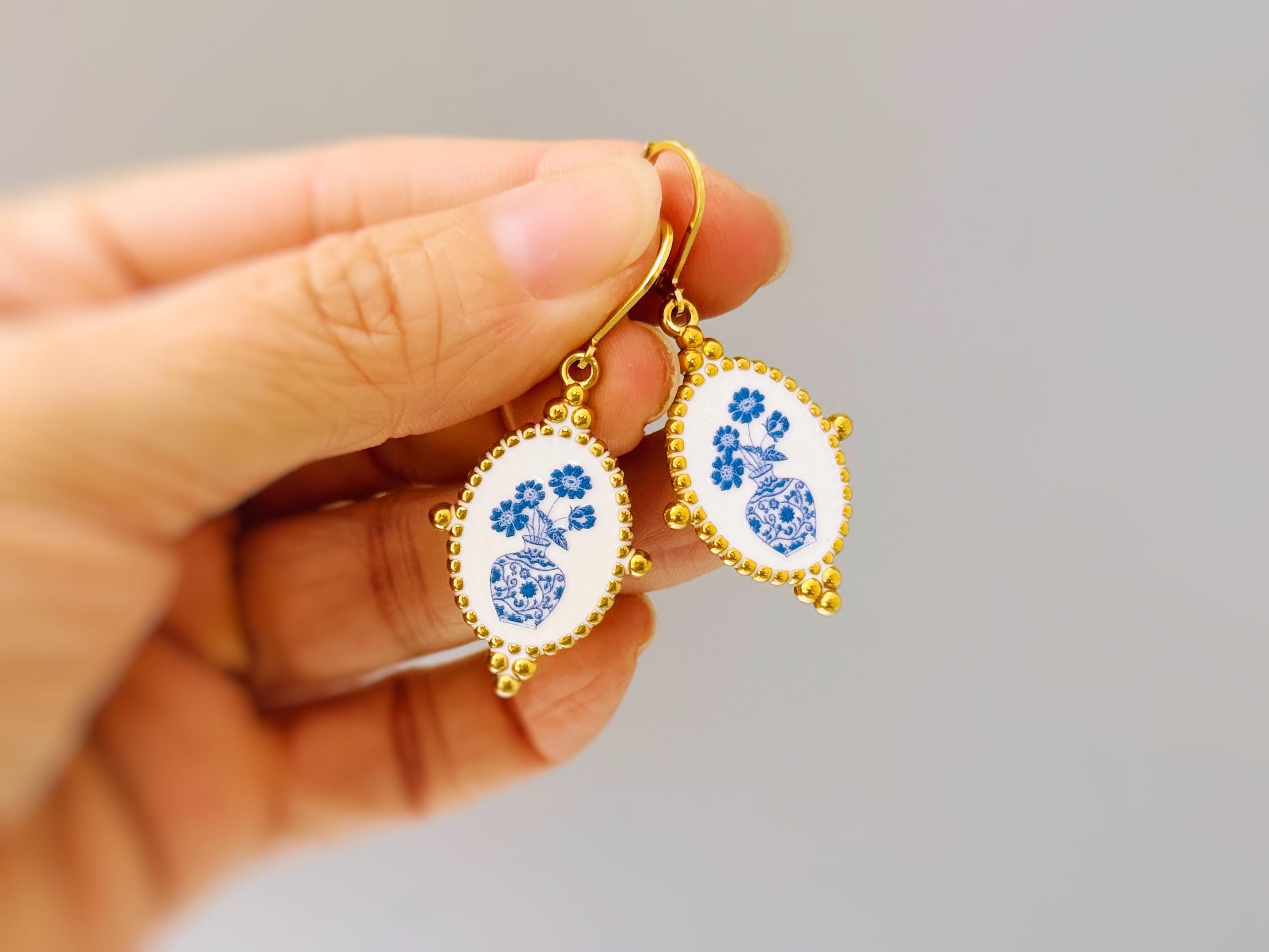 Delft Blue Porcelain Earrings Gold Leverbacks Chinoiserie China Victorian floral jewelry for women grandmillennial style