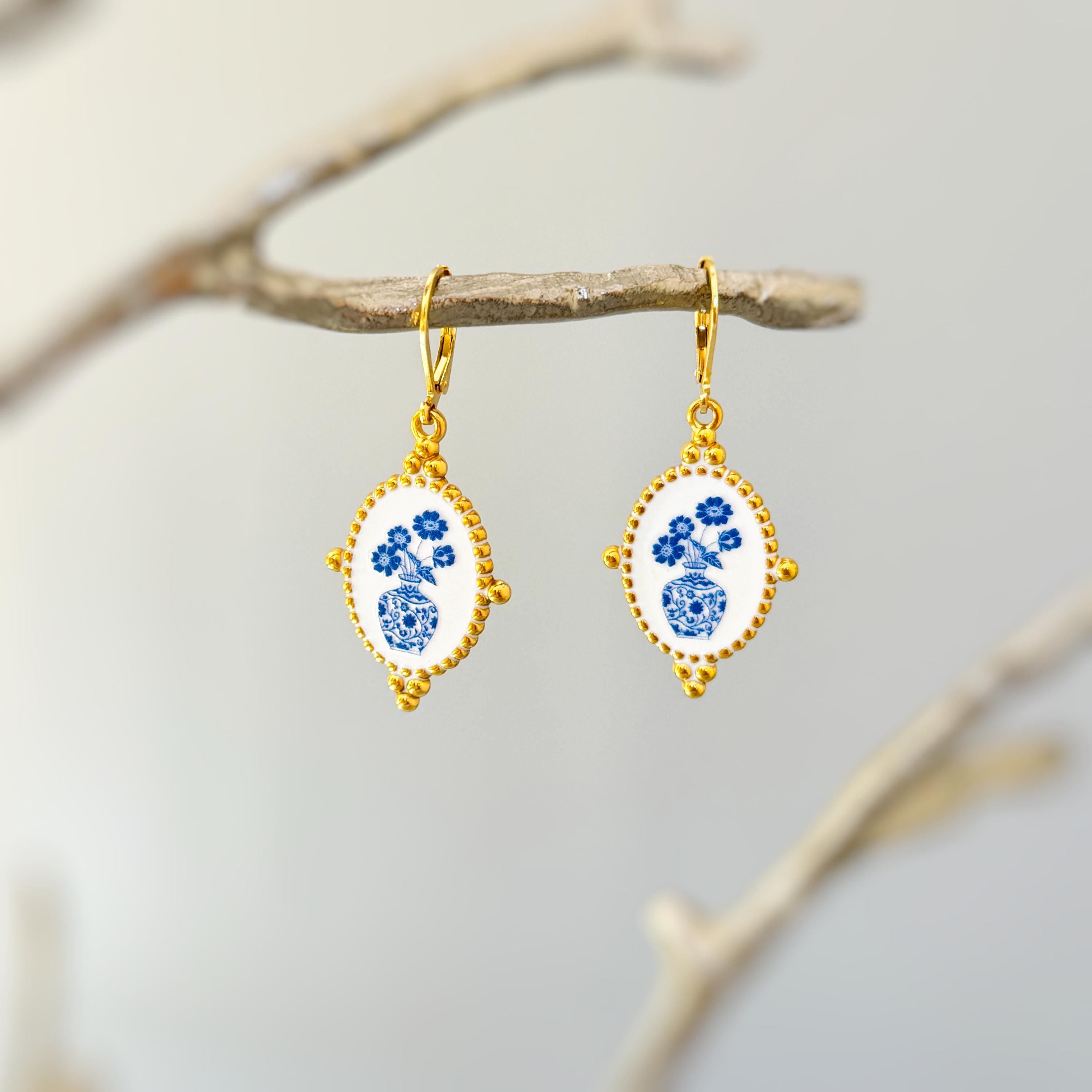 Delft Blue Porcelain Earrings Gold Leverbacks Chinoiserie China Victorian floral jewelry for women grandmillennial style