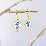 Delft Blue Porcelain Earrings Gold Leverbacks Chinoiserie China Victorian floral jewelry for women grandmillennial style