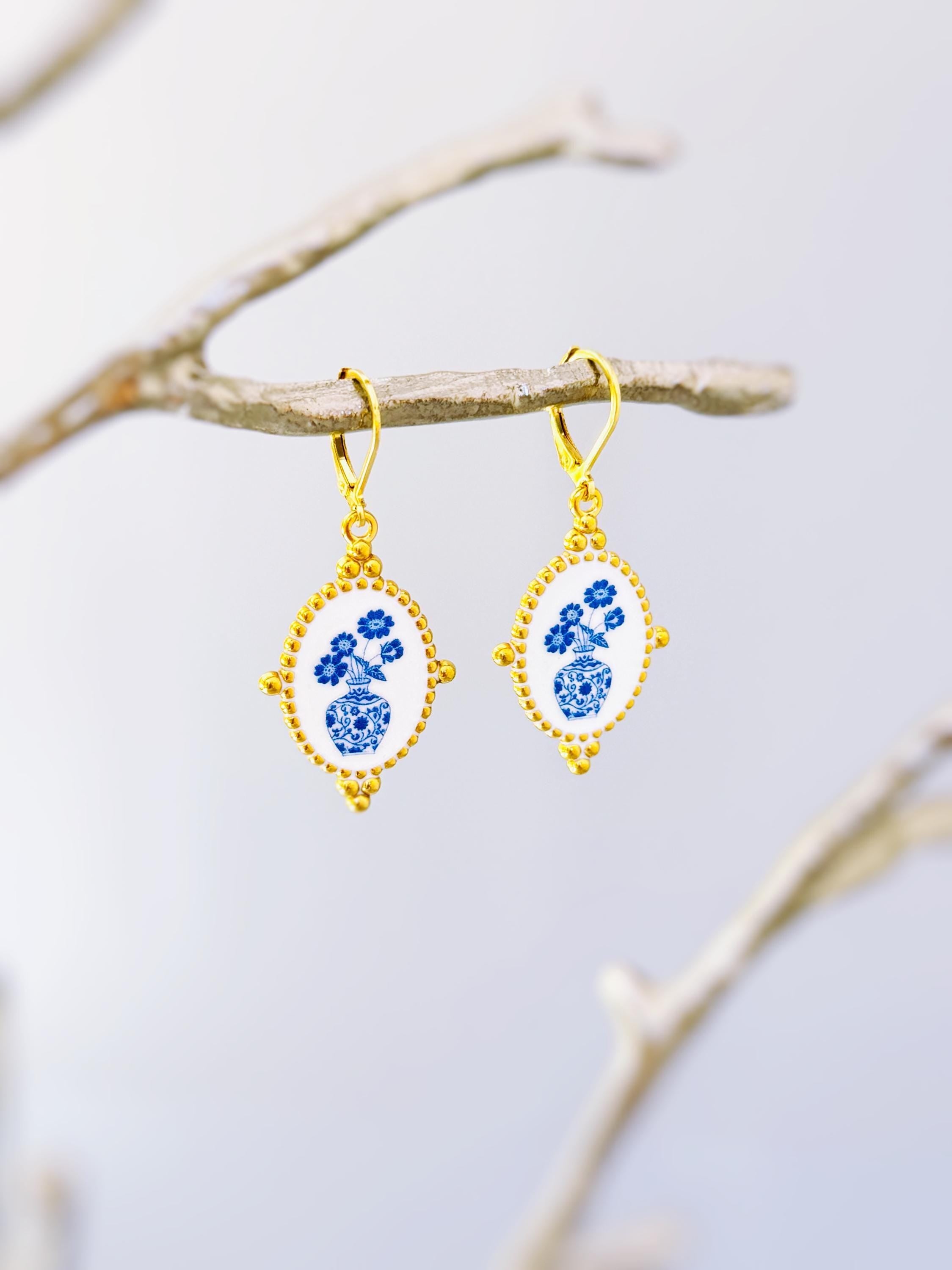 Delft Blue Porcelain Earrings Gold Leverbacks Chinoiserie China Victorian floral jewelry for women grandmillennial style