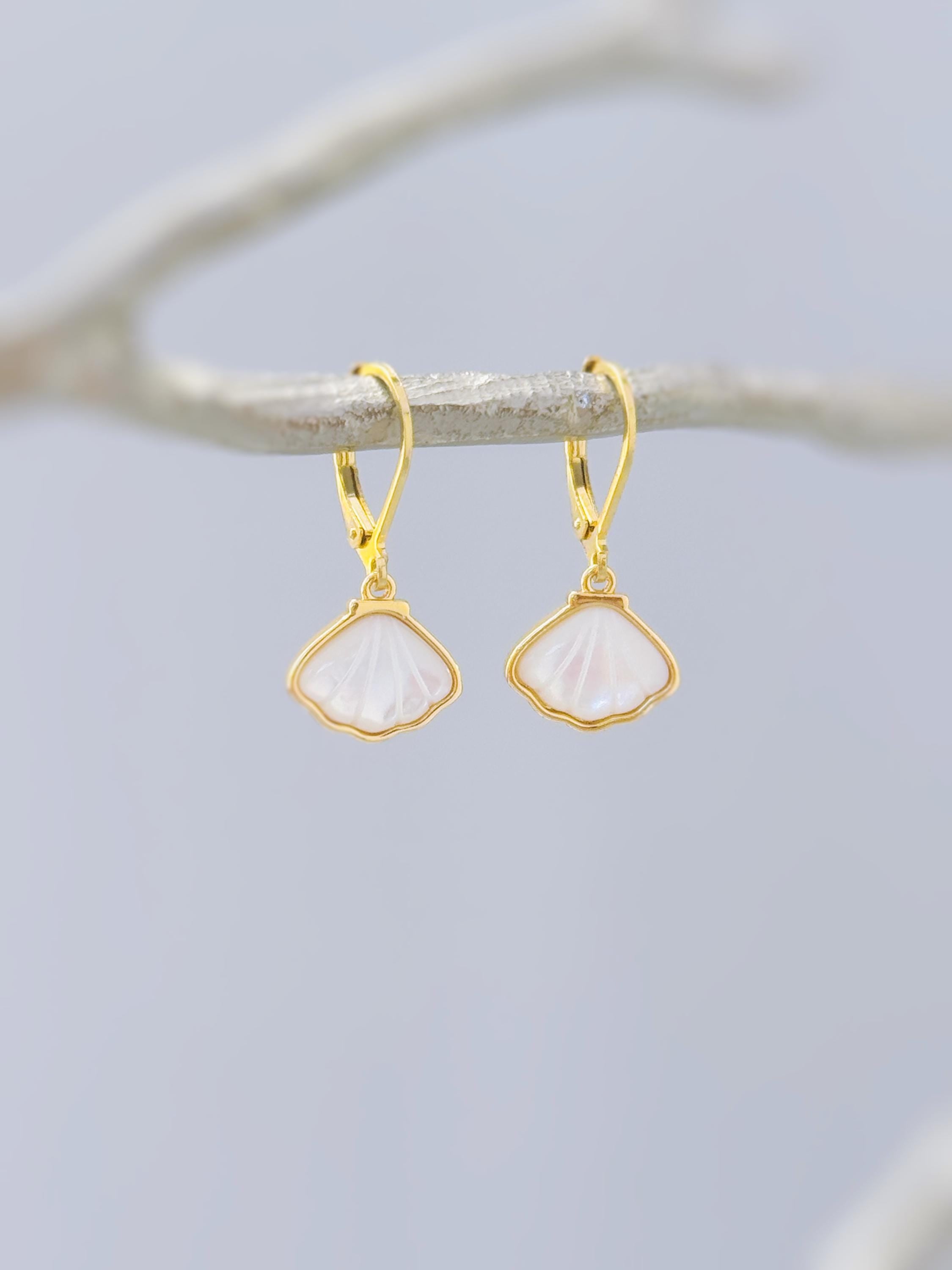 Mother of Pearl Shell Earrings 14k Gold Dangle handmade June birthstone jewelry for women leverback June beach wedding gift for grandma mom