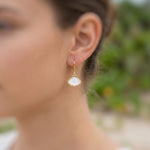 Mother of Pearl Shell Earrings 14k Gold Dangle handmade June birthstone jewelry for women leverback June beach wedding gift for grandma mom