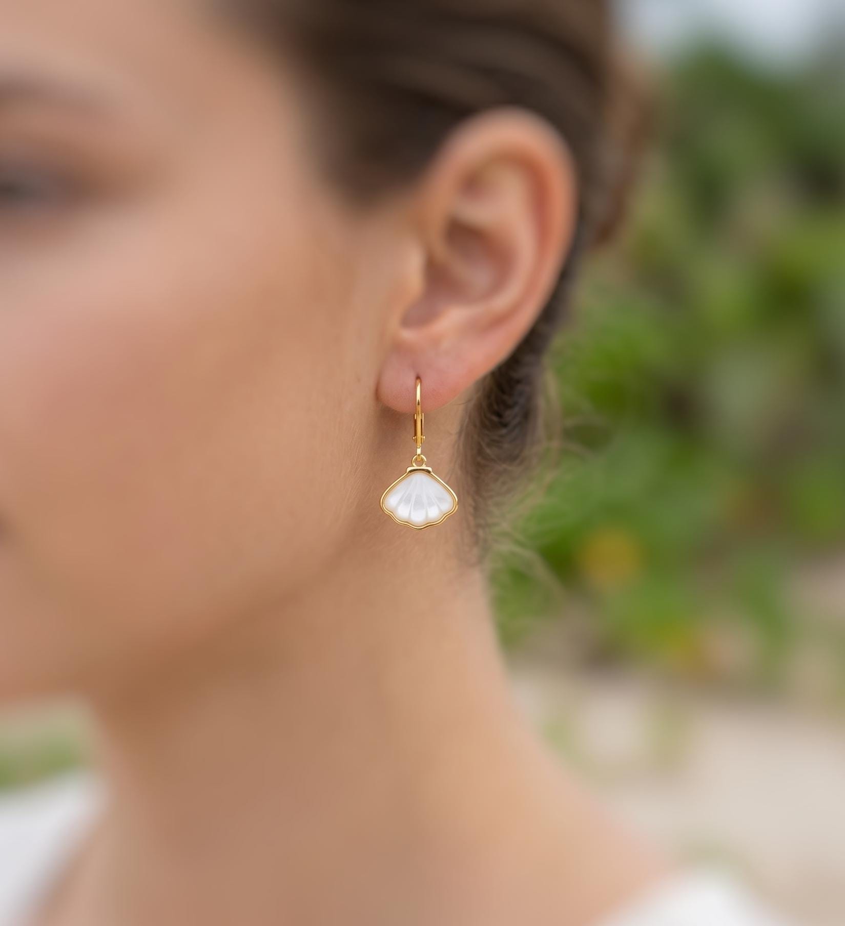 Mother of Pearl Shell Earrings 14k Gold Dangle handmade June birthstone jewelry for women leverback June beach wedding gift for grandma mom