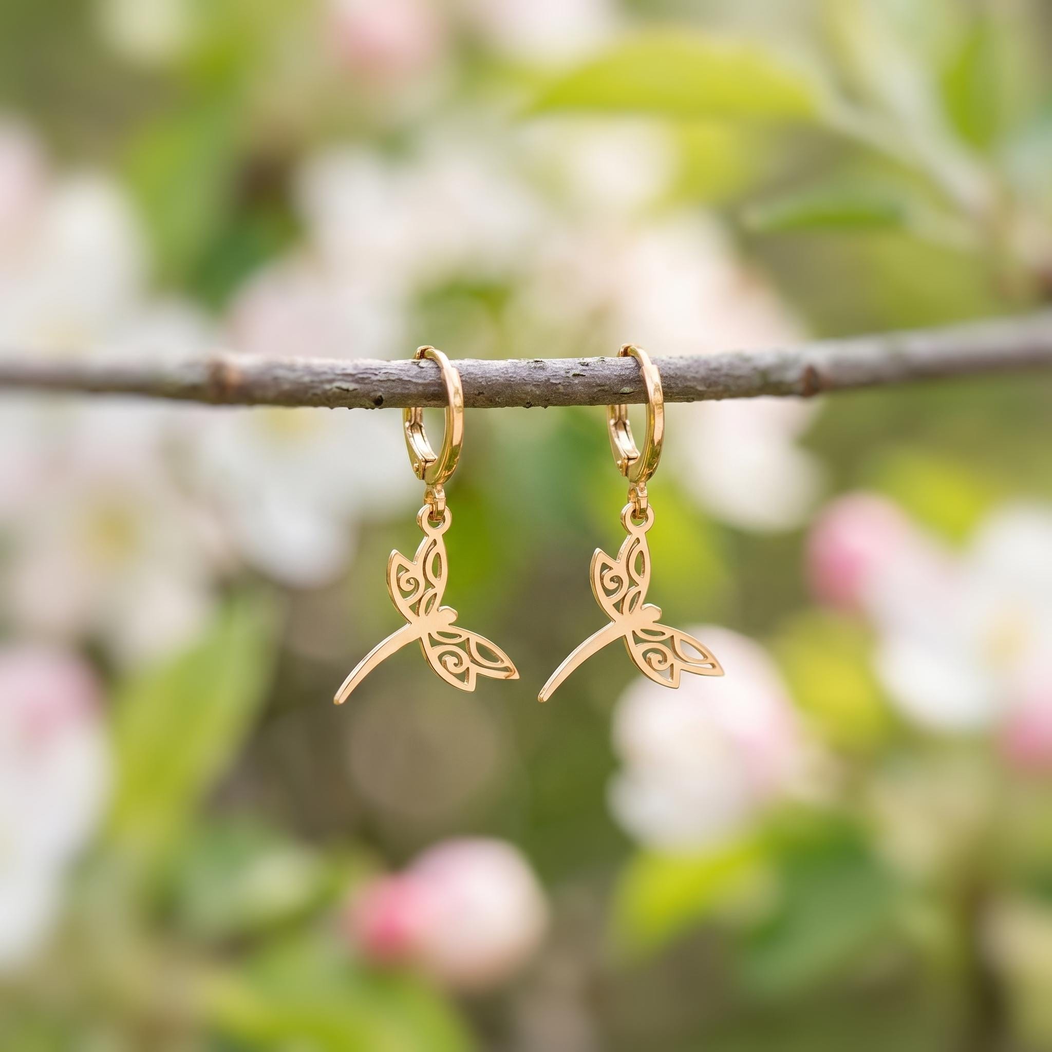Dragonfly Earrings dangle Rose Gold Handmade Dragonfly Jewelry