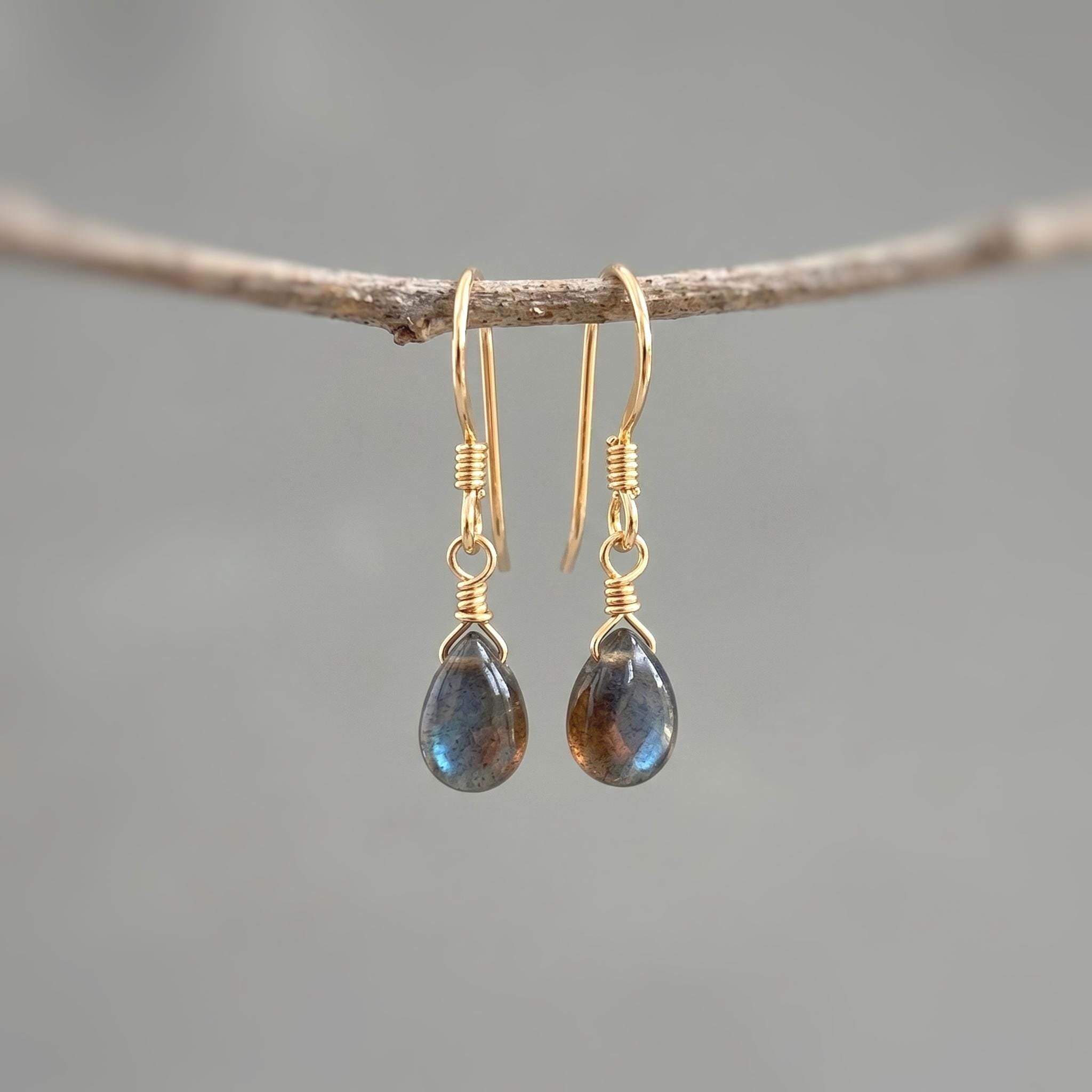 Dainty Labradorite earrings Sterling Silver, 14k Gold fill Tiny tear drop dangle earrings Dangly Handmade crystal Jewelry rose gold Ear Wire