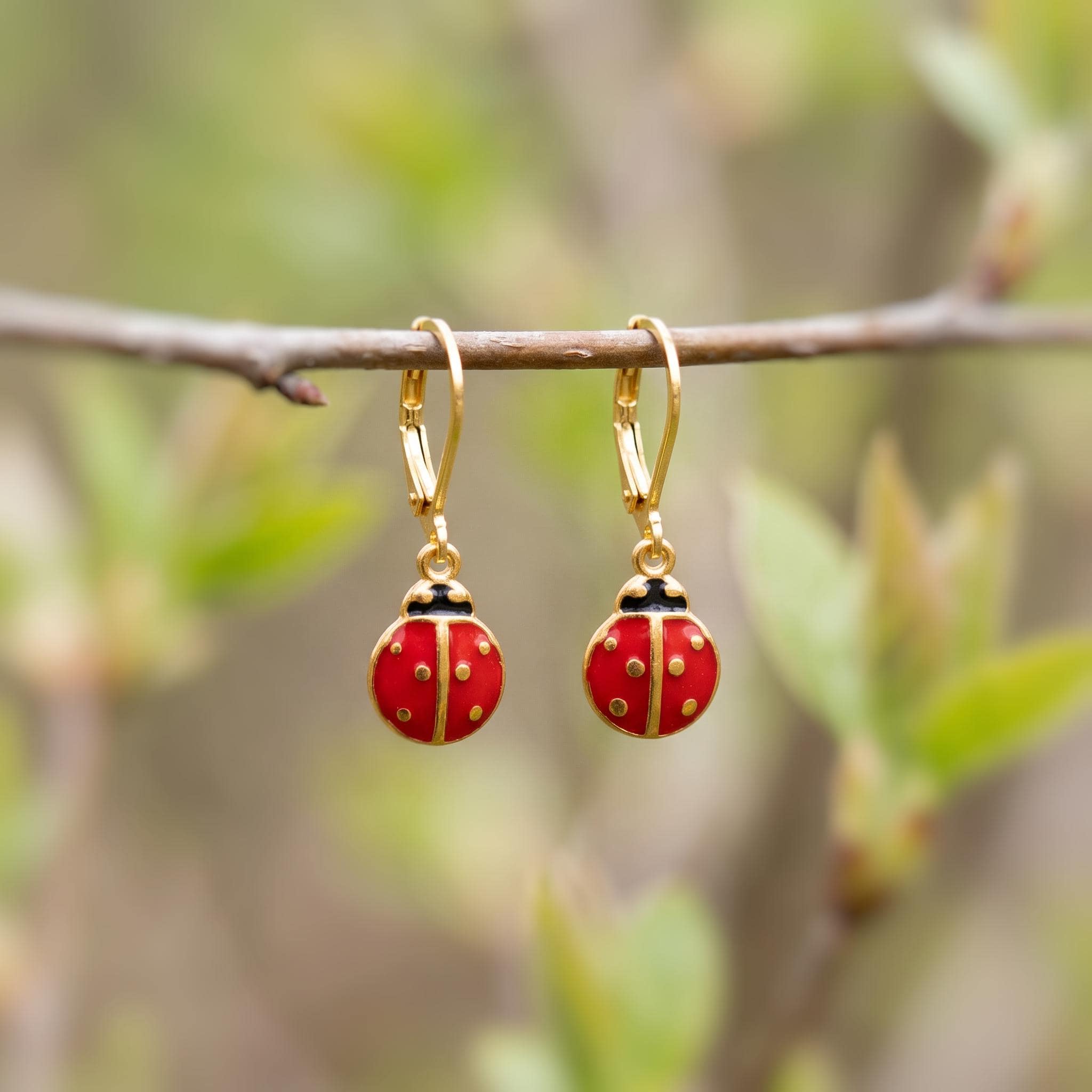 Dainty Ladybug Earrings dangle Gold Leverbacks handmade cottagecore minimalist nature inspired bug jewelry gift for gardeners, sister, bff