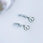 Dainty Peace Sign Huggie Hoop Earrings, Silver Dangle Minimalist Boho 90s Jewelry, Hippie Chic Love and Peace Festival Earrings for her