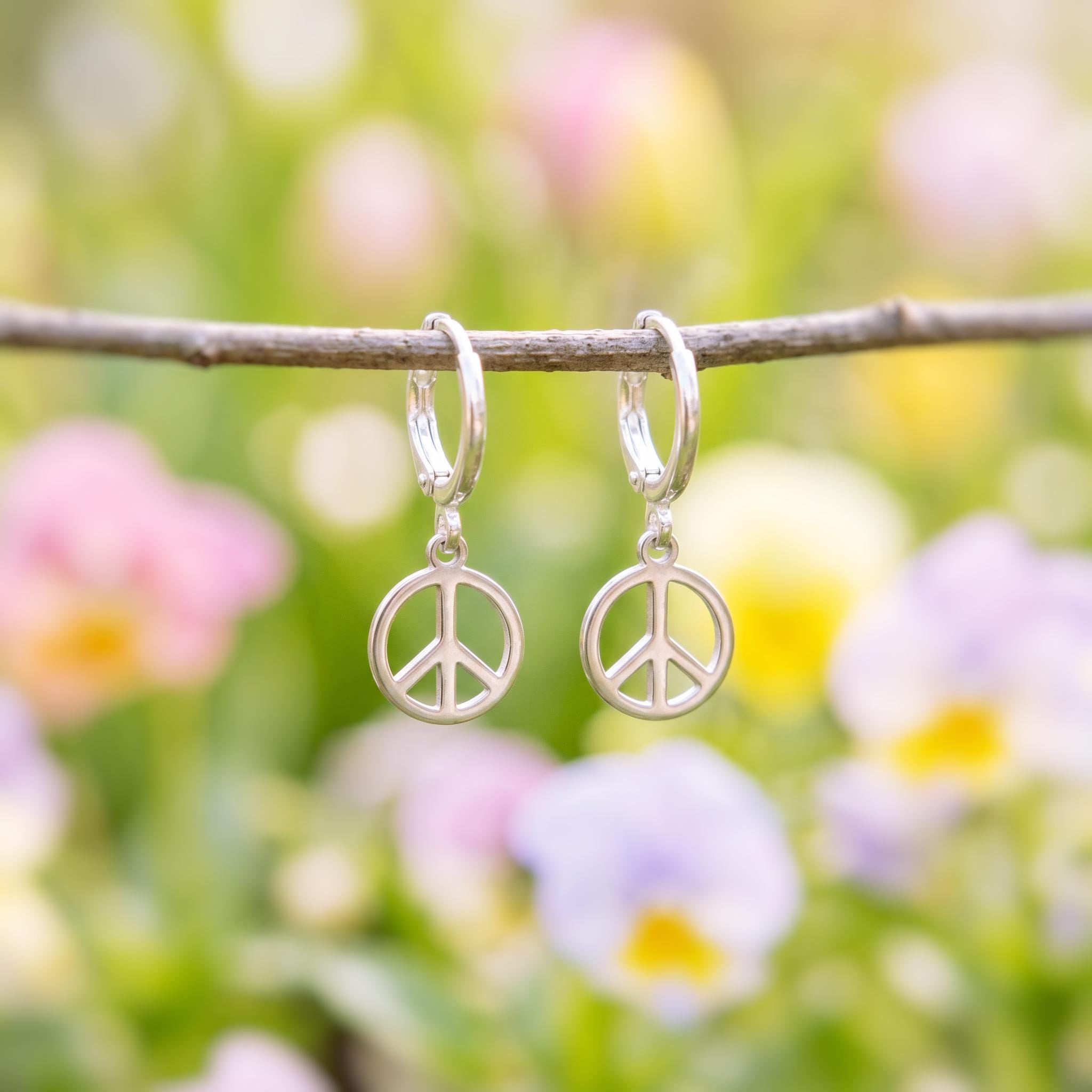 Dainty Peace Sign Huggie Hoop Earrings, Silver Dangle Minimalist Boho 90s Jewelry, Hippie Chic Love and Peace Festival Earrings for her