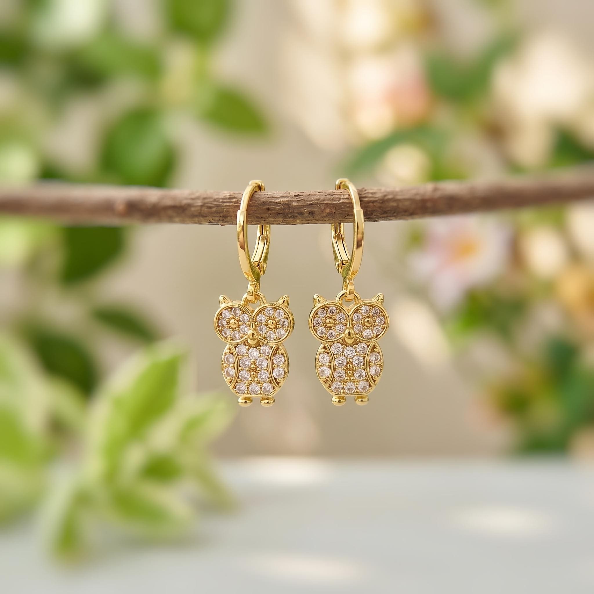 Crystal Owl Earrings Gold dangle handmade witchy bird jewelry unique dangling spooky earrings gift for nature and bird lovers, sister, bff
