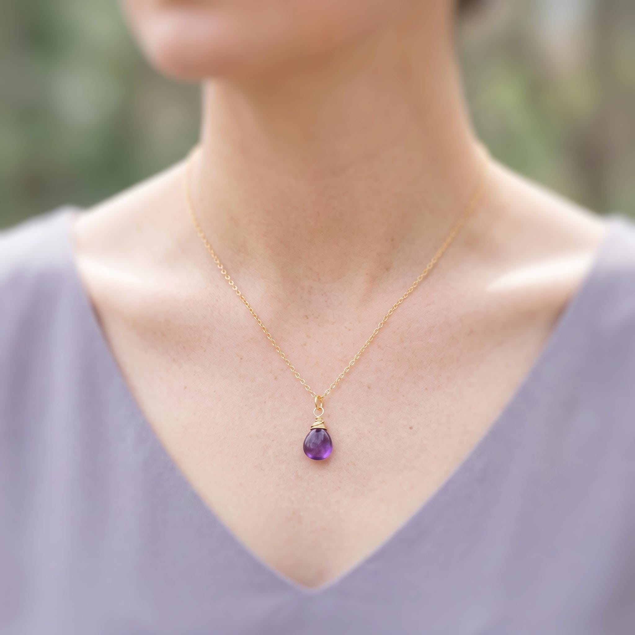 Dainty Silver Amethyst Necklace Smooth Briolette Purple Gemstone Pendant Sterling Silver or 14k Gold Fill February Birthstone Jewelry gift