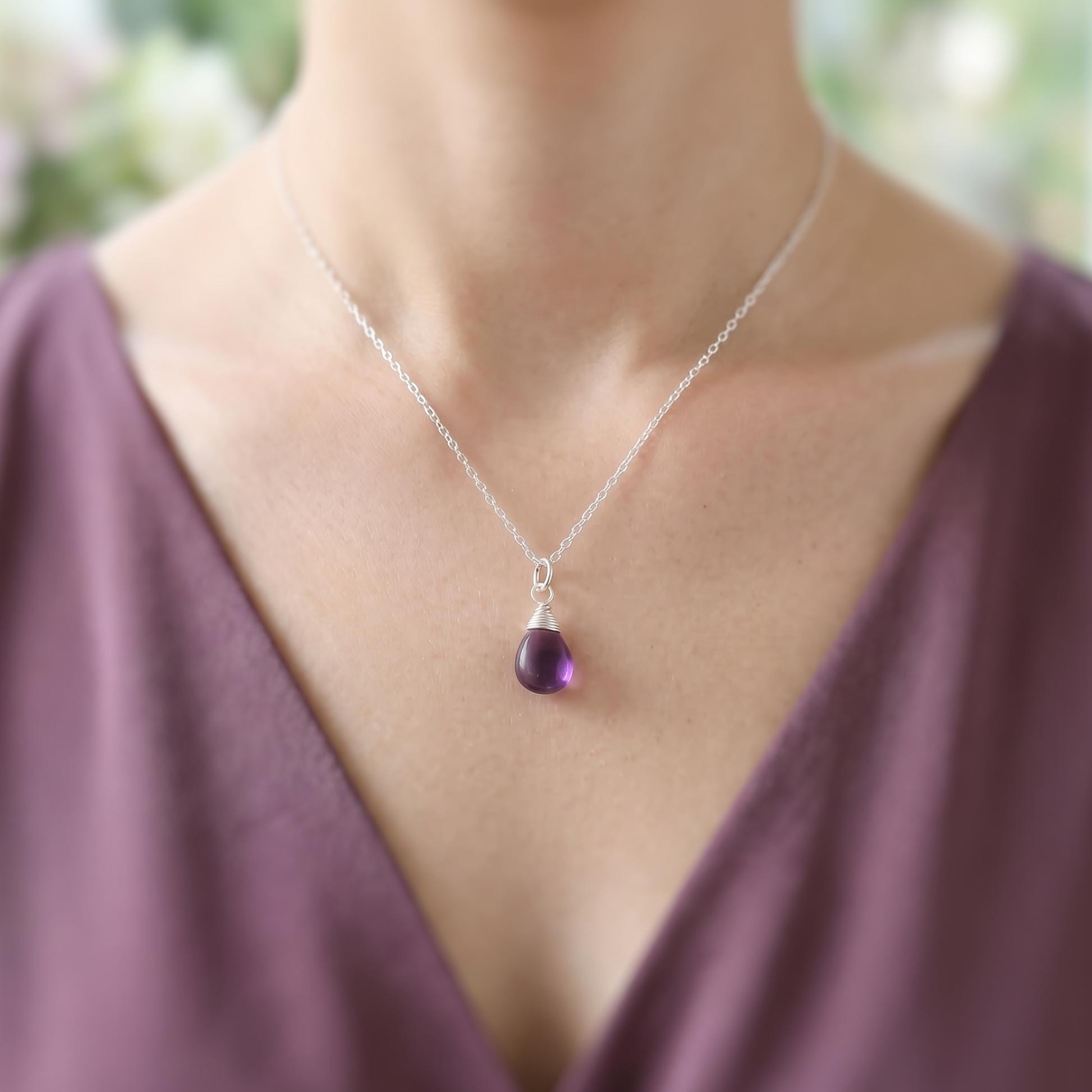Dainty Silver Amethyst Necklace Smooth Briolette Purple Gemstone Pendant Sterling Silver or 14k Gold Fill February Birthstone Jewelry gift