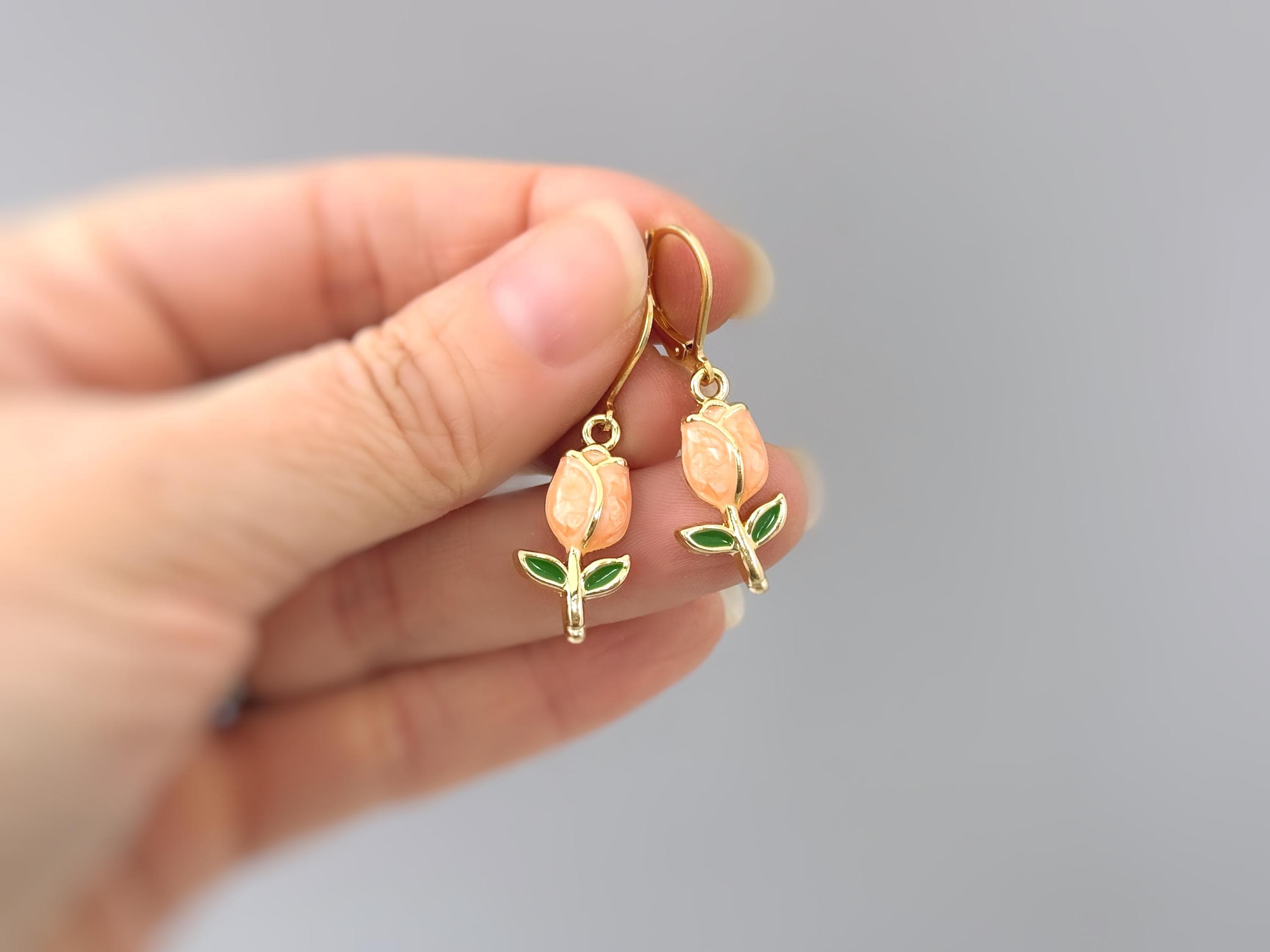 Peach Tulip Earrings Dangle Gold Leverbacks handmade colorful spring floral jewelry April Birthday  birth flower gift for gardener, moms her