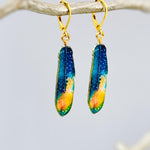 Colorful Feather Earrings dangle gold unique boho Bird Jewelry gift for moms, nature, bird lovers, bff, Handmade statement jewelry for women