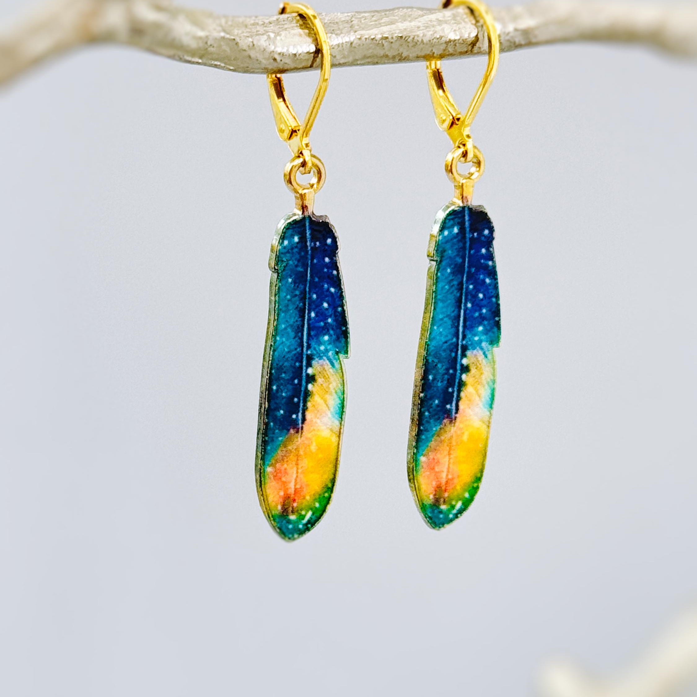 Colorful Feather Earrings dangle gold unique boho Bird Jewelry gift for moms, nature, bird lovers, bff, Handmade statement jewelry for women