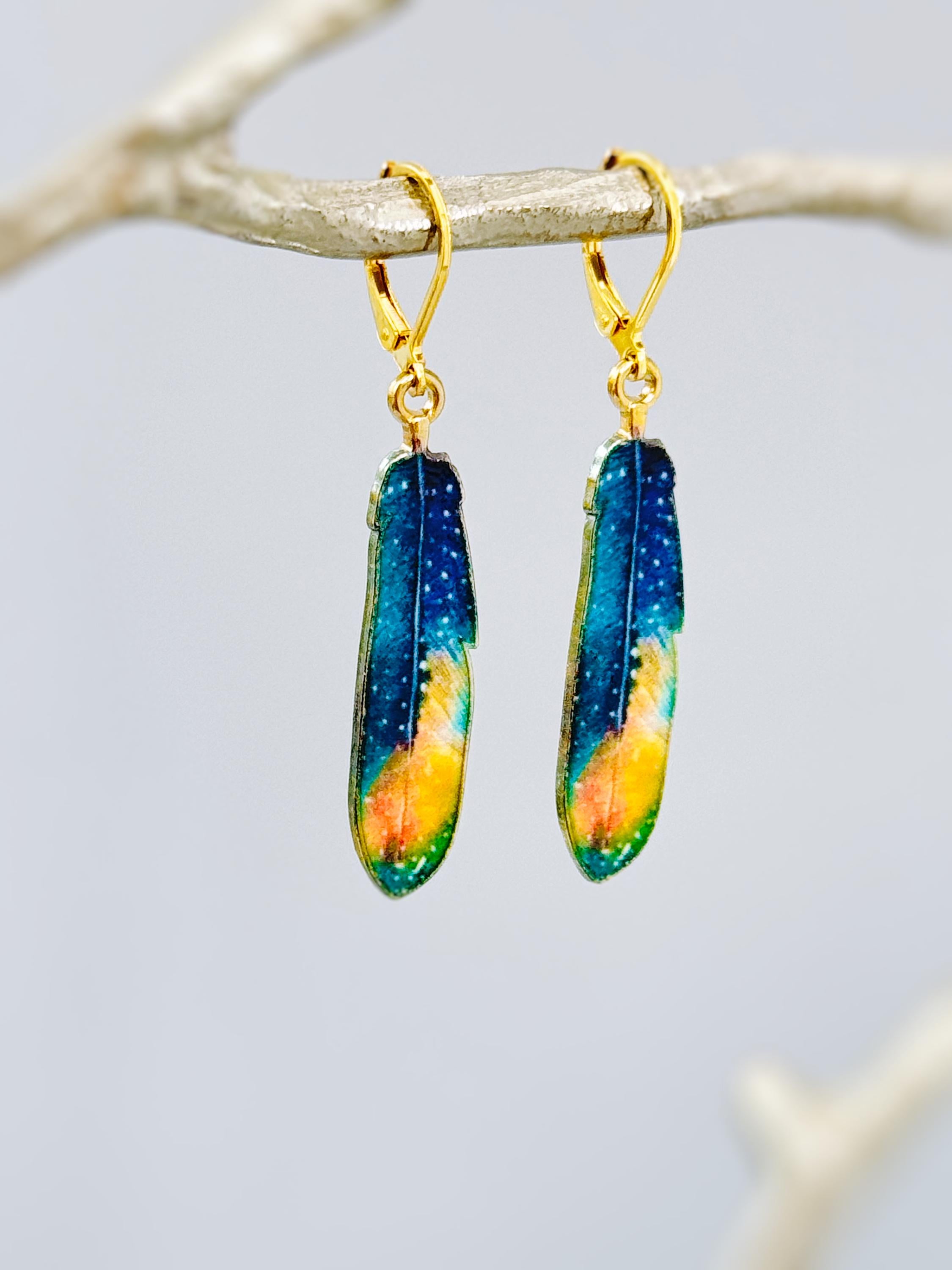 Colorful Feather Earrings dangle gold unique boho Bird Jewelry gift for moms, nature, bird lovers, bff, Handmade statement jewelry for women