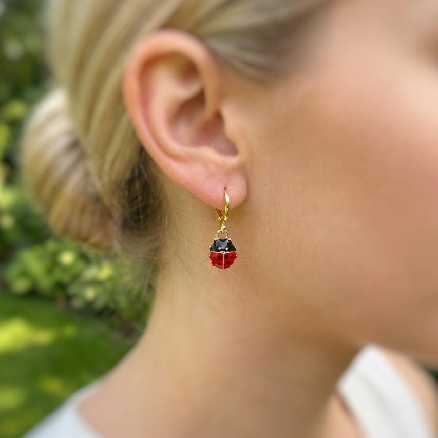 Dainty Ladybug Earrings dangle Gold, Silver huggie hoops handmade cottagecore minimalist nature inspired bug jewelry gift for gardeners, bff