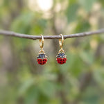 Dainty Ladybug Earrings dangle Gold, Silver huggie hoops handmade cottagecore minimalist nature inspired bug jewelry gift for gardeners, bff