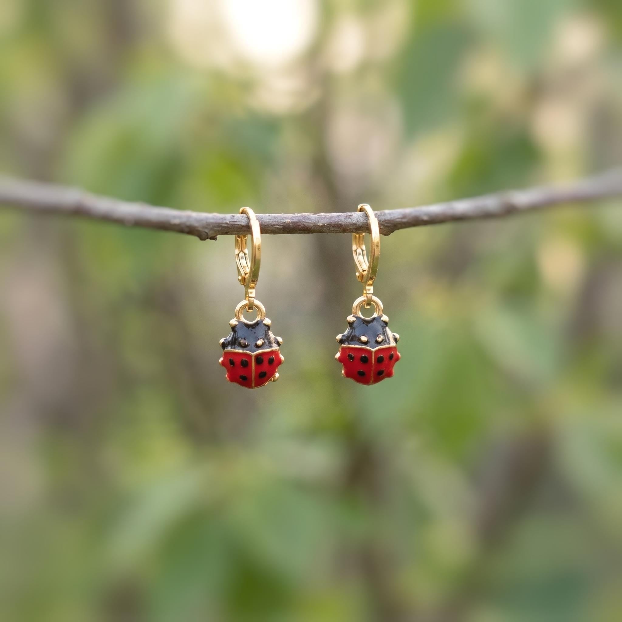 Dainty Ladybug Earrings dangle Gold, Silver huggie hoops handmade cottagecore minimalist nature inspired bug jewelry gift for gardeners, bff