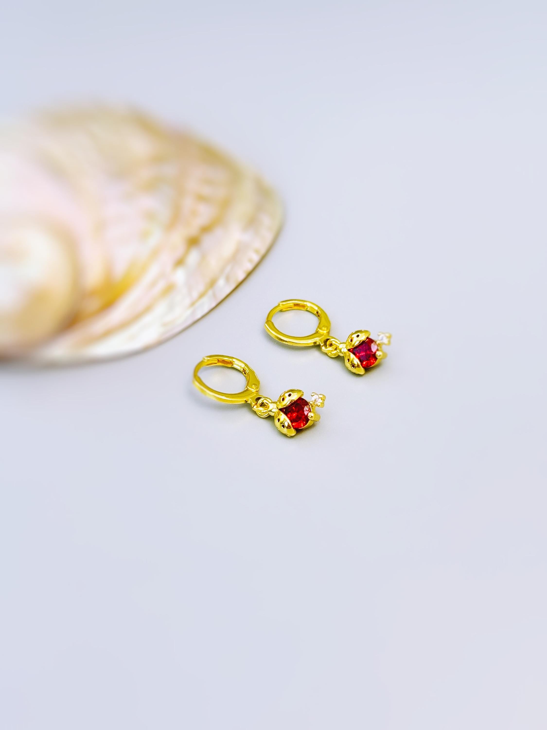 Dainty Crystal Ladybug Earrings Gold huggie hoops handmade cottagecore minimalist nature inspired bug jewelry gift for gardeners, bff
