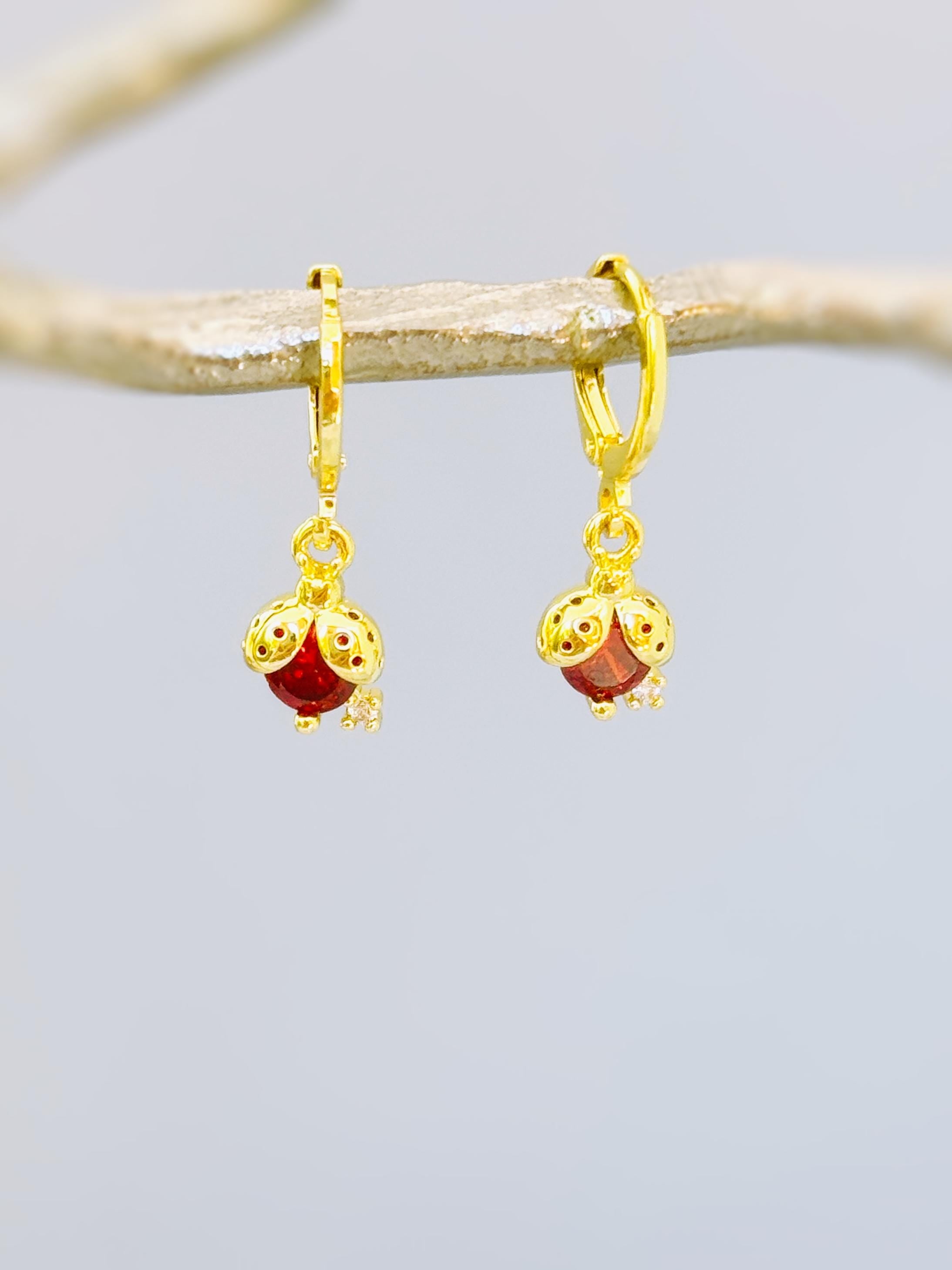 Dainty Crystal Ladybug Earrings Gold huggie hoops handmade cottagecore minimalist nature inspired bug jewelry gift for gardeners, bff